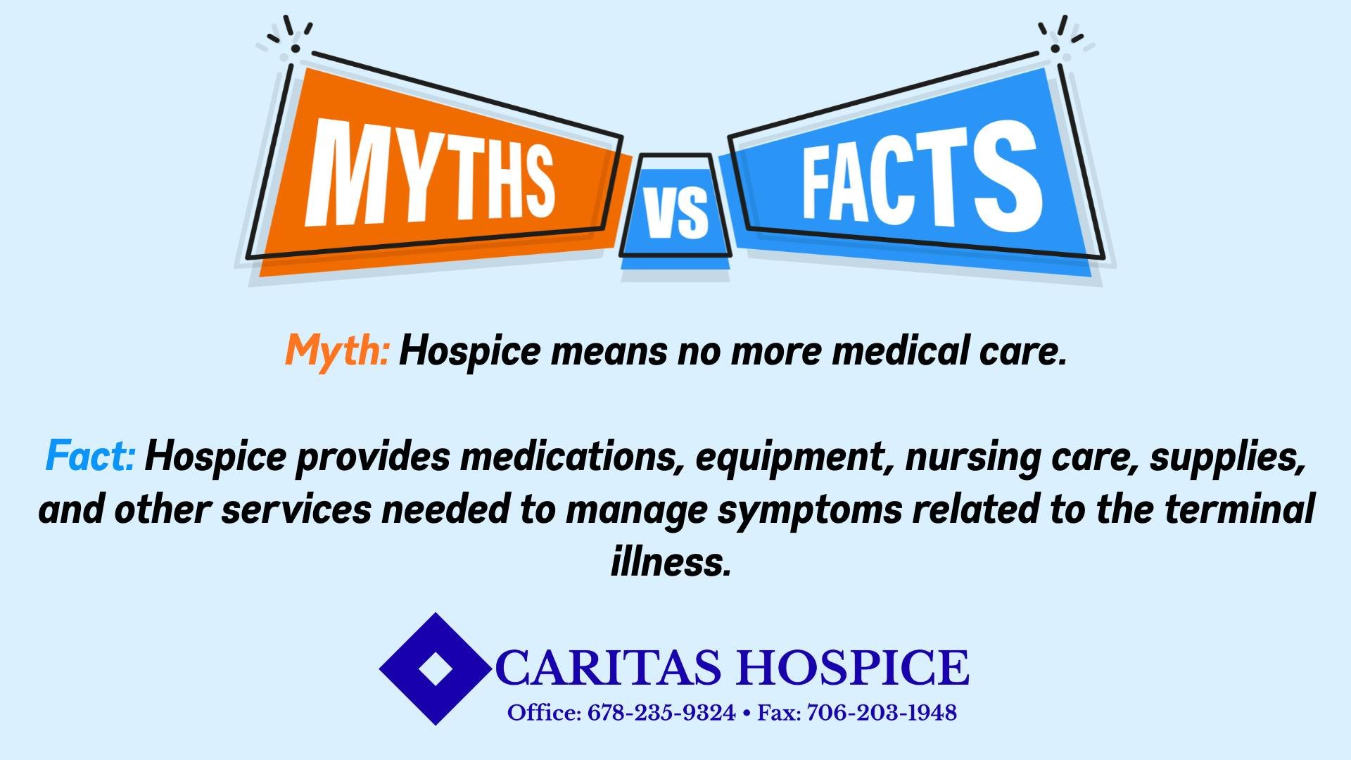 It's Myth Monday! 🎉 Choosing hospice doesn&rsquo;t mean stopping care&mdash;it means changing the focus to comfort, dignity, symptom management, and quality of life. We&rsquo;re here to support patients and families every step of the way. 💙🧡 #Myth