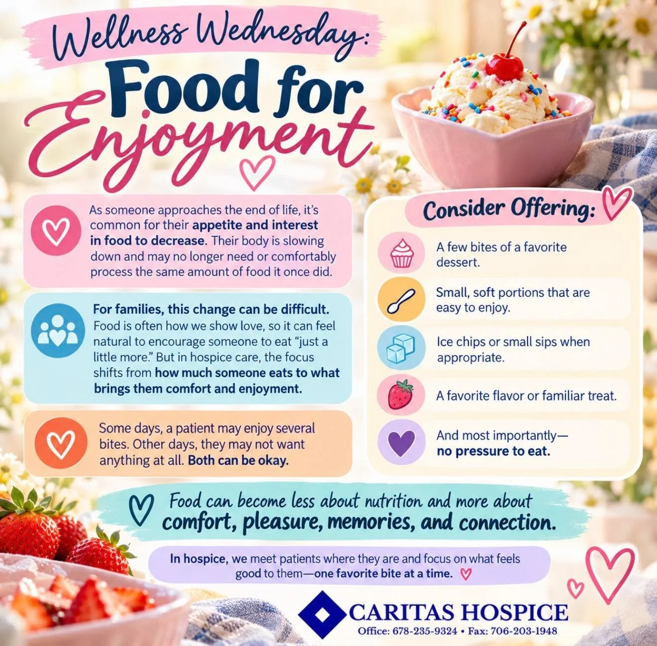 As appetite changes at the end of life, mealtime can become less about how much someone eats and more about comfort, enjoyment, and connection. A few bites of a favorite treat can be just as meaningful as a full meal. 🍦💕 #CaritasHospice #HospiceEdu