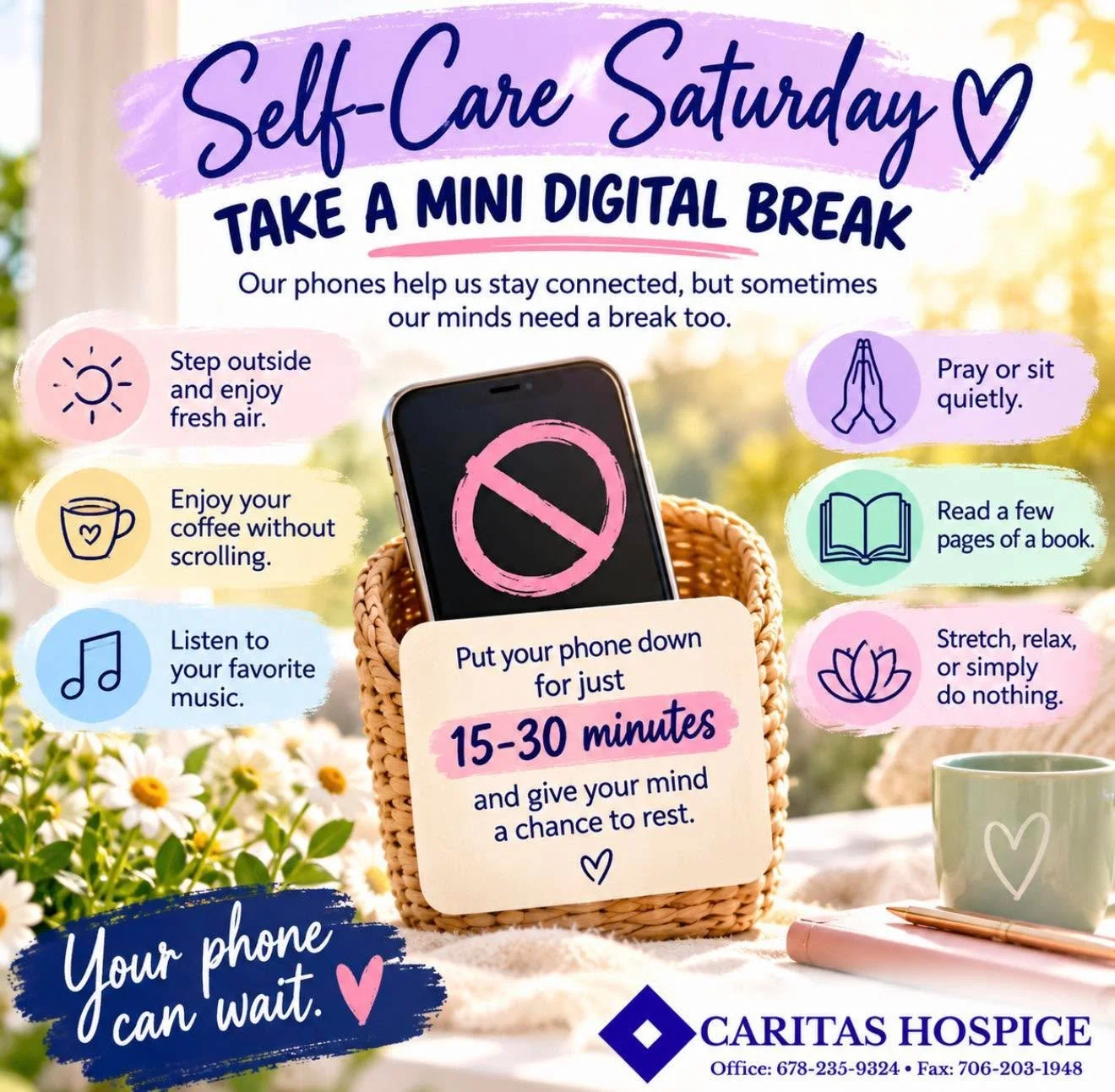 📵💙 Self-Care Saturday reminder: Sometimes the best way to recharge is to disconnect for a little while. Put the phone down, step away from the scrolling, and give yourself 15&ndash;30 minutes to simply be present. Your mind deserves a break, too. ?
