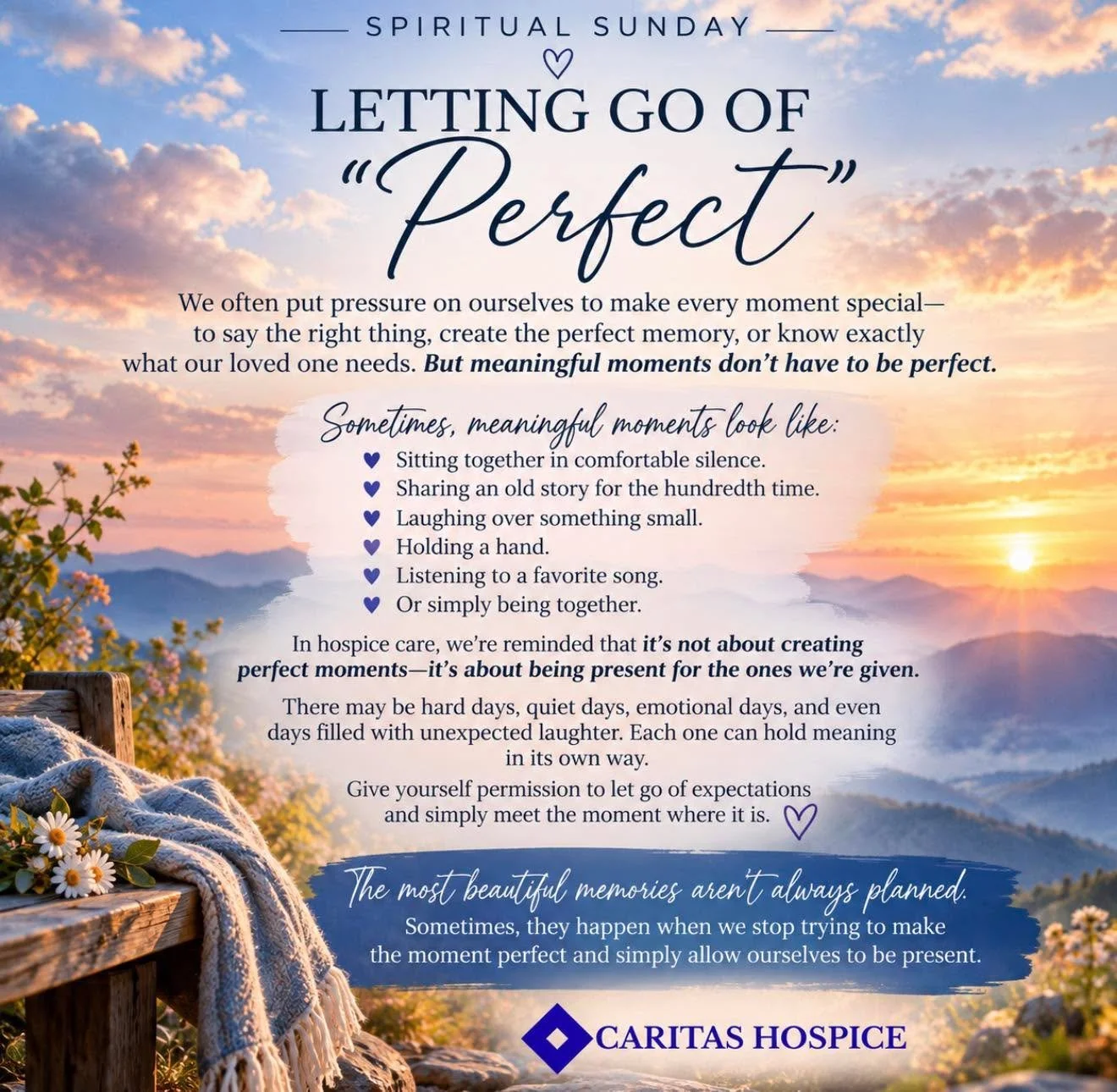 The most meaningful moments don&rsquo;t have to be perfect. 💙 Sometimes, simply being present is enough. 🕊️ #SpiritualSunday #CaritasHospice