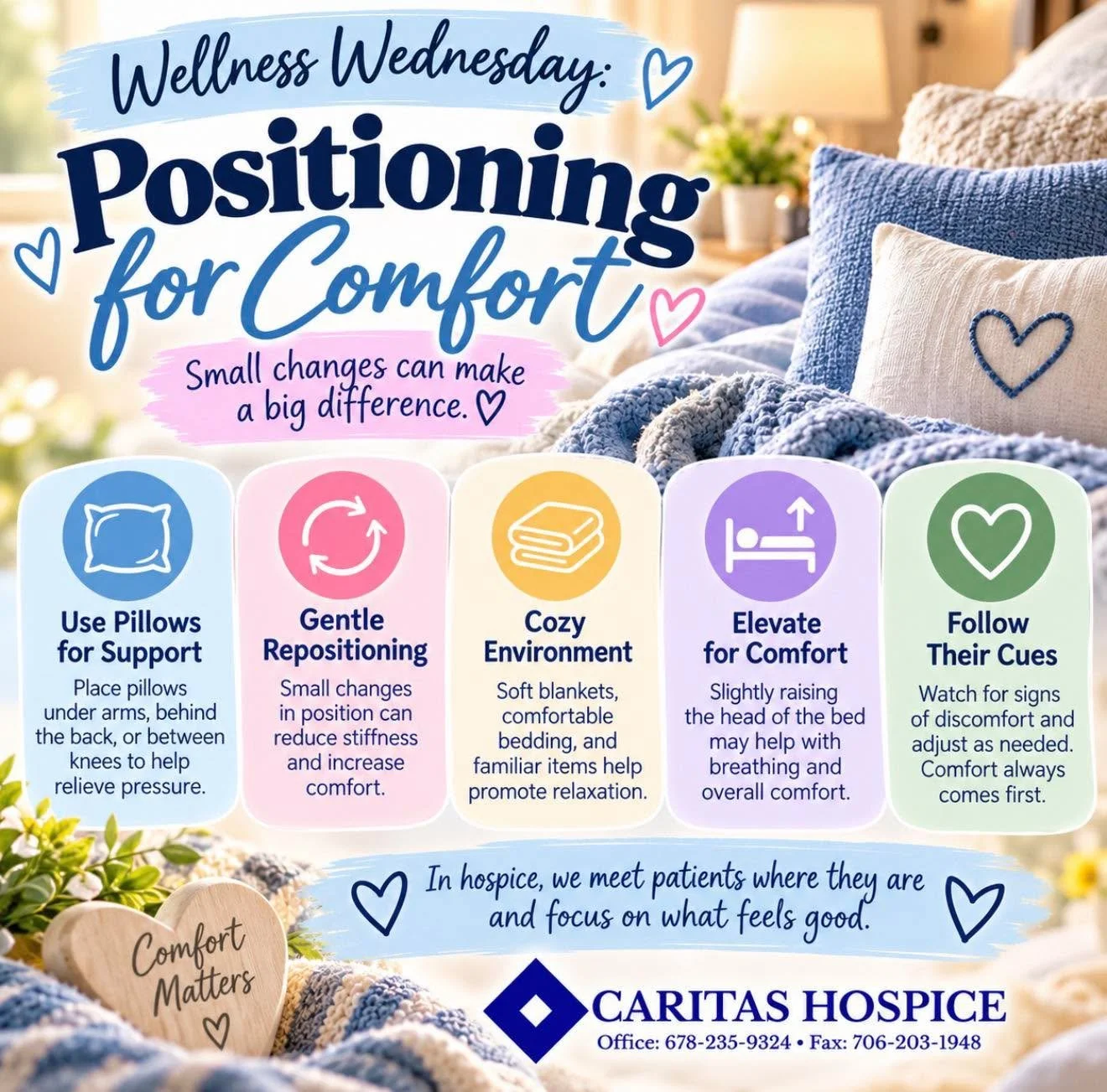 Sometimes, the smallest adjustments can make the biggest difference! 🩵 A soft pillow, cozy blanket, or gentle change in position can help ease discomfort and promote relaxation. 🛏️&hearts;️ In hospice care, comfort is always the priority. 🥰 #Carit
