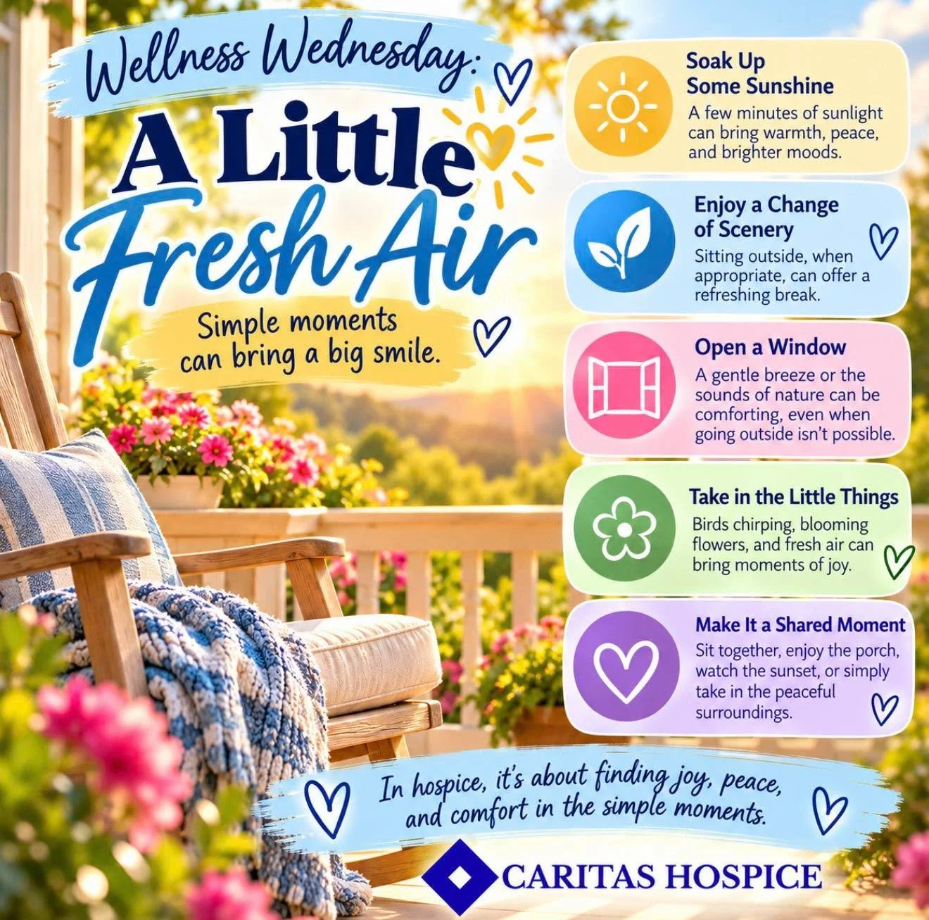 Sometimes, the simplest things bring the greatest joy! ☀️😎 A little sunshine, a gentle breeze, or the sound of birds singing can bring comfort, peace, and a much-needed change of scenery. 💛🌻 #CaritasHospice #HospiceEducation