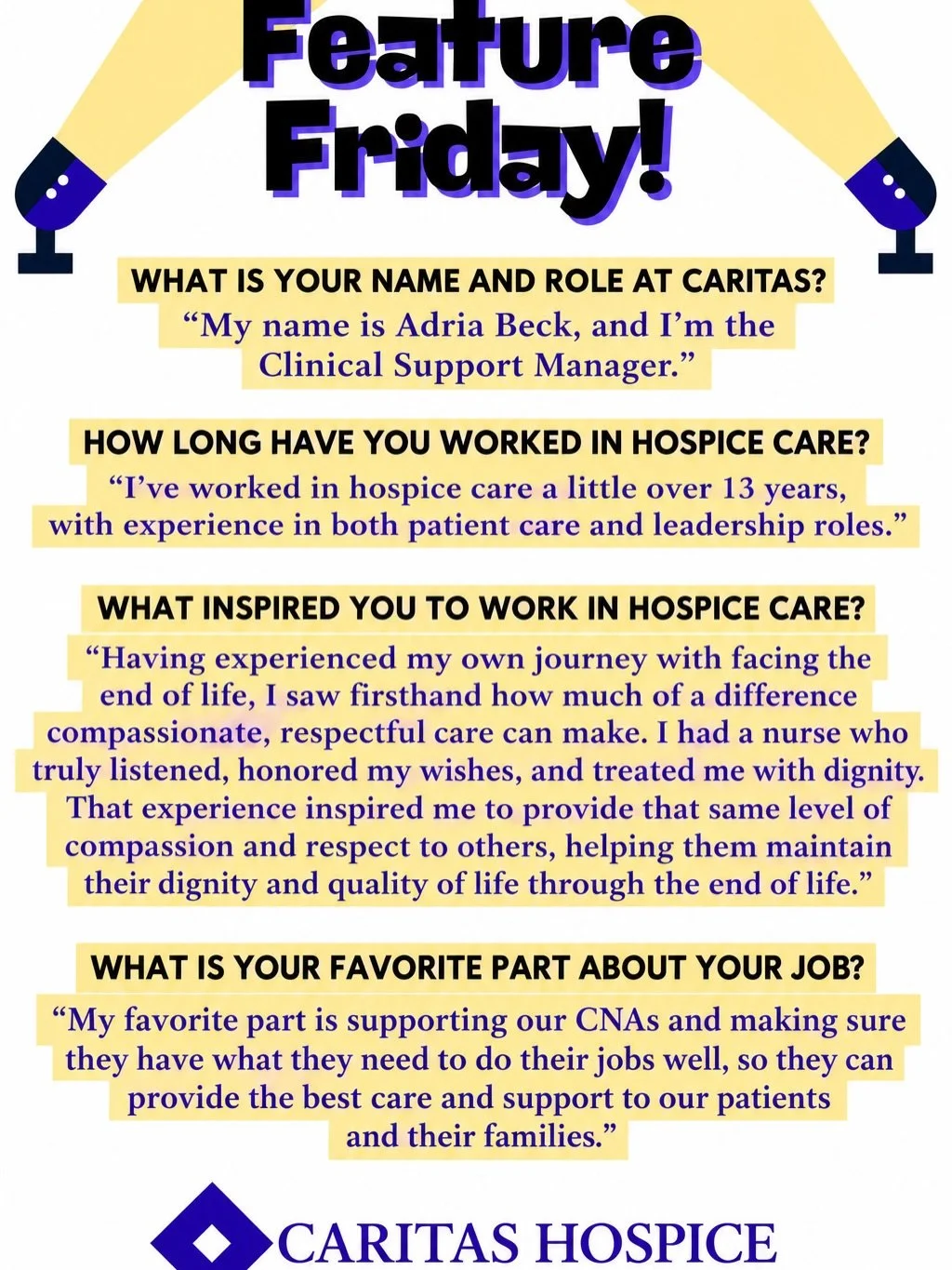 It&rsquo;s Feature Friday! 🎉💜 Today we&rsquo;re spotlighting Adria Beck, our Clinical Support Manager, whose 13+ years of hospice experience and passion for compassionate, dignified care shine through in the support she provides to our team, patien