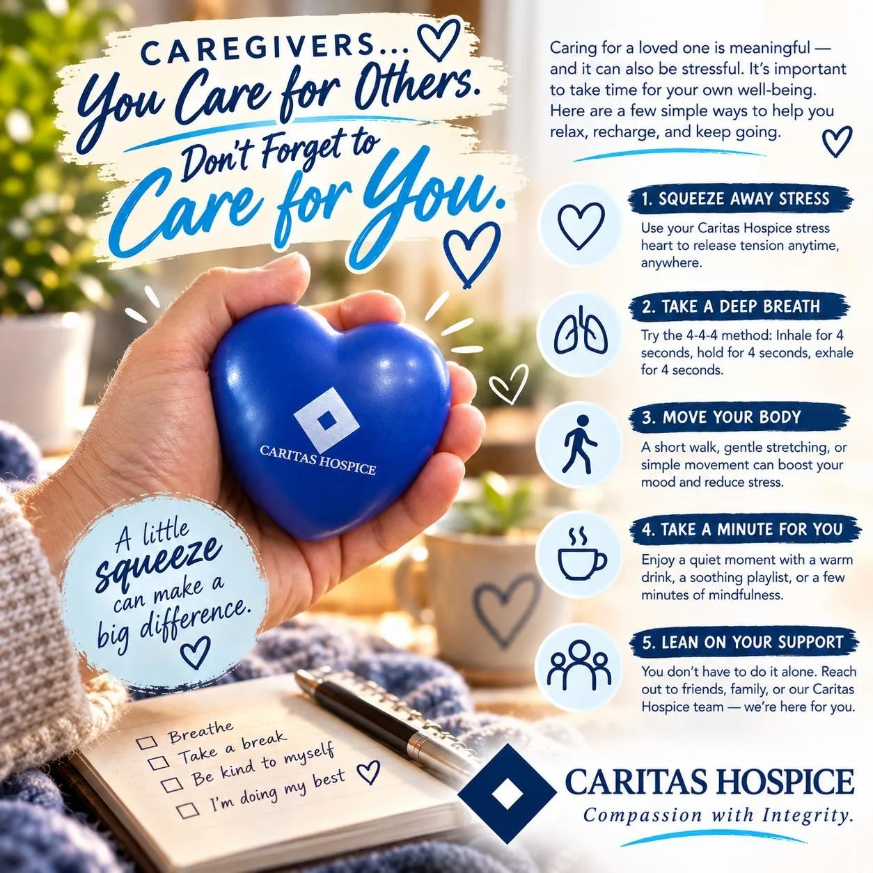 💙 Caregivers, your well-being matters too! 💙

Caring for others comes from the heart, but even the biggest hearts need a little break. ❤️

Take a moment to breathe, recharge, and squeeze away some stress with our Caritas Hospice heart stress balls!