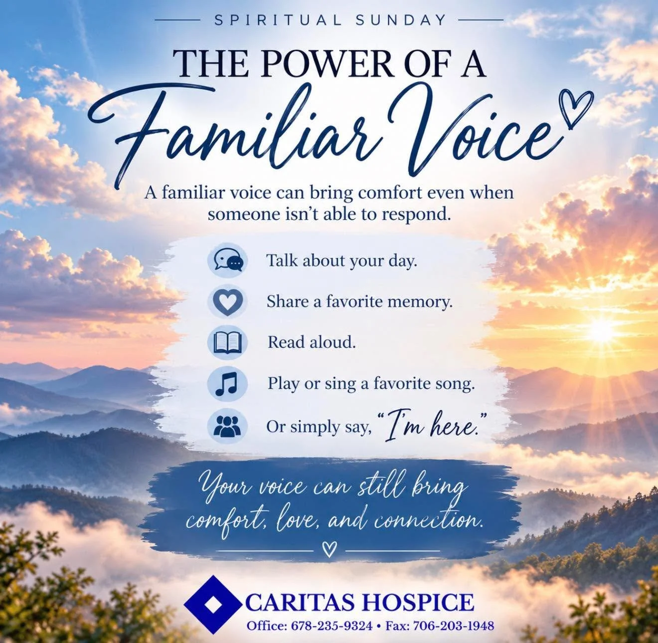 Never underestimate the comfort of a familiar voice. 🩵 Sometimes simply talking, reminiscing, or saying &ldquo;I&rsquo;m here&rdquo; can be a beautiful way to stay connected. #SpiritualSunday #CaritasHospice