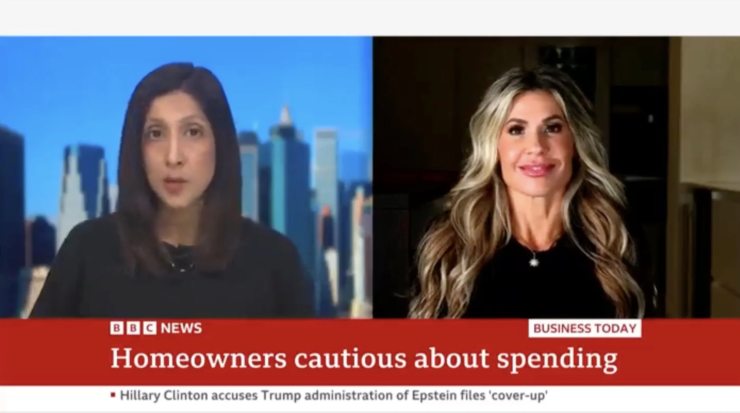 A split-screen news broadcast features a woman with straight brown hair on the left, speaking with a cityscape background, and a woman with long wavy blonde hair on the right, in a room with dark furniture. A red news ticker at the bottom displays headlines, including 'Homeowners cautious about spending'.