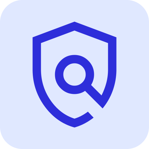 Logotipo de una escudo con una lupa en color azul sobre fondo azul claro.