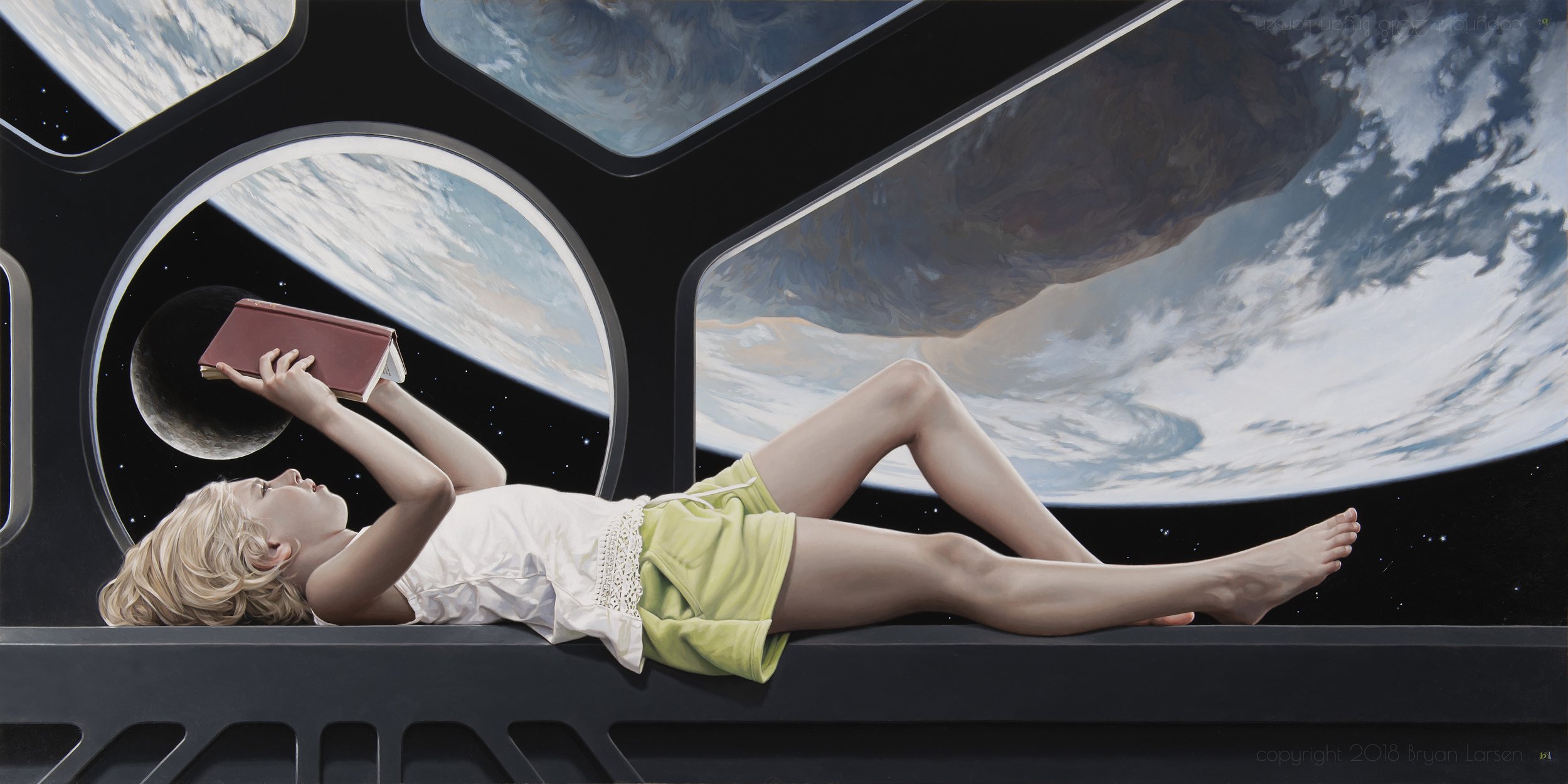 Reading by Moonlight I 48x24 inches, oil on aluminum composite panel. Sold as diptych with 'Reading by Moonlight II'. $32,000.00
