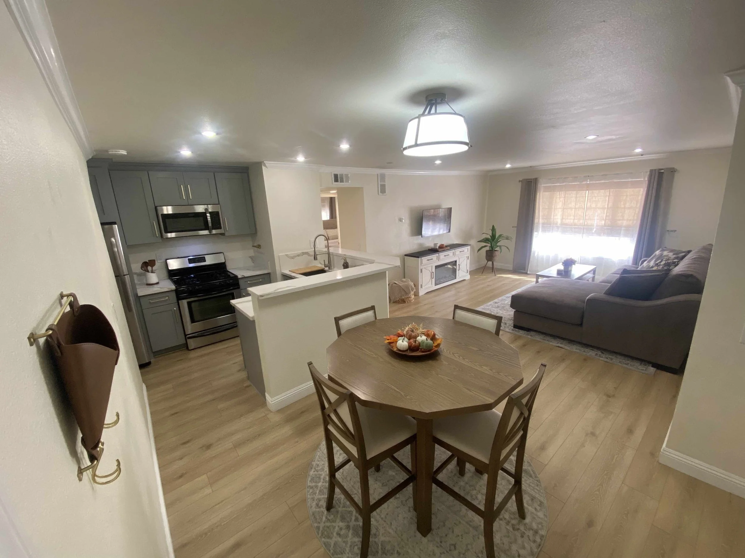 Open-concept living room and kitchen with hardwood floors, gray cabinetry, stainless steel appliances, a gray sofa, a white TV console with a flat-screen TV, a wooden dining table with four chairs, a large window with curtains, and a ceiling light fi