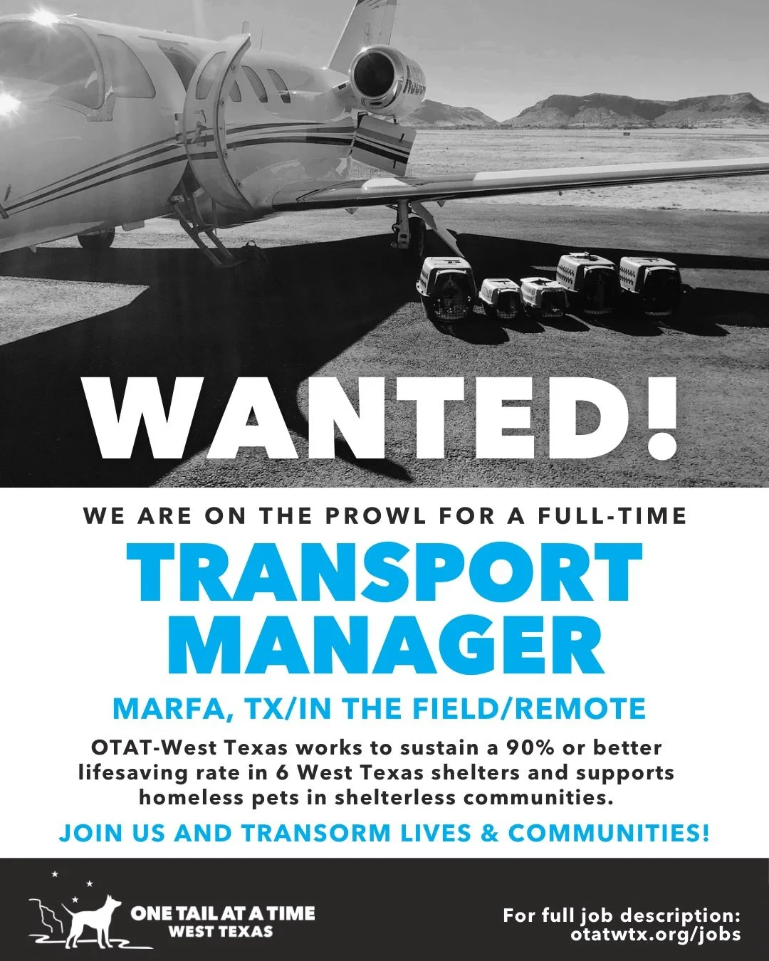 We&rsquo;re hiring a full-time Transport Manager!

This role is the logistical heartbeat of our lifesaving work across West Texas. Each year, nearly 1,000 dogs and cats travel the long road from our region to safety, foster homes, veterinary care, an
