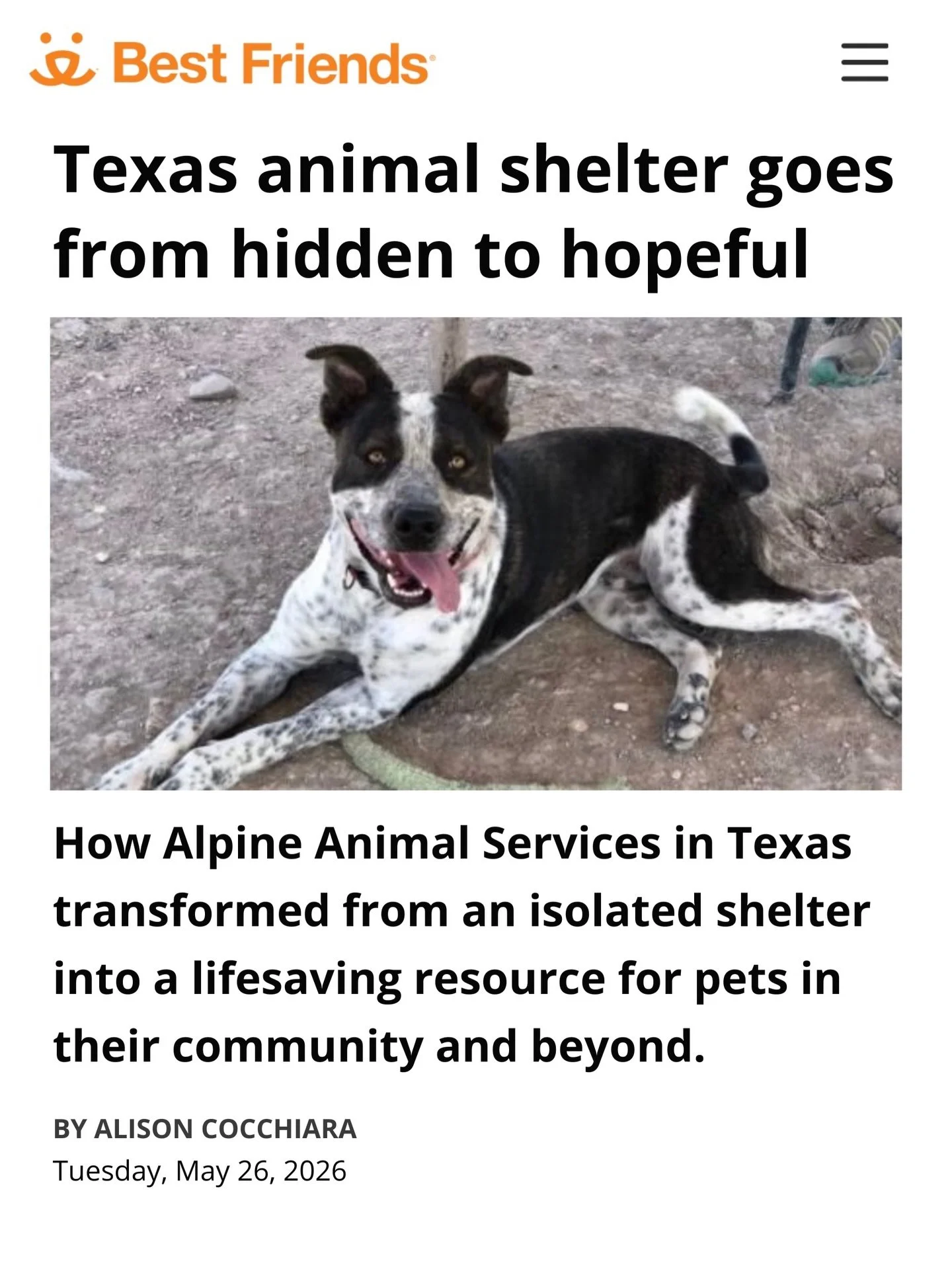 We cannot do this alone, we can only do it together! We love this article that tells the rescue story of Dez, a dog whose size, breed, and temperament put him in the highest category of risk, especially in an overwhelmed, remote West Texas shelter.

