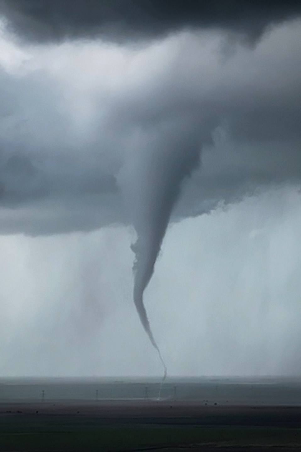 Tornado touching down on flat landscape under dark storm clouds.