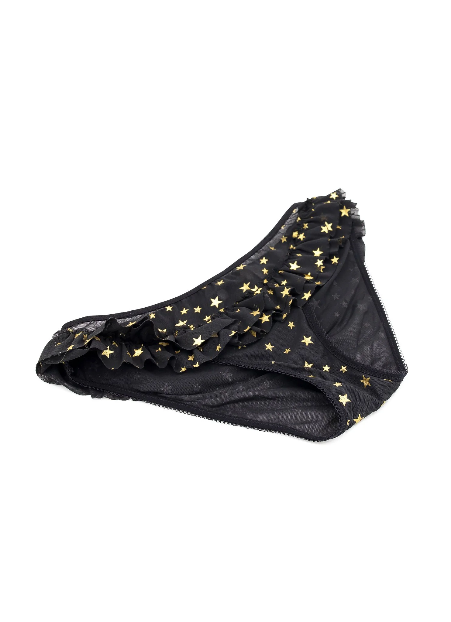 gold and black star brief panties in size small showing off the side of the front with mesh fabric, gold star print, and ruffle front trim