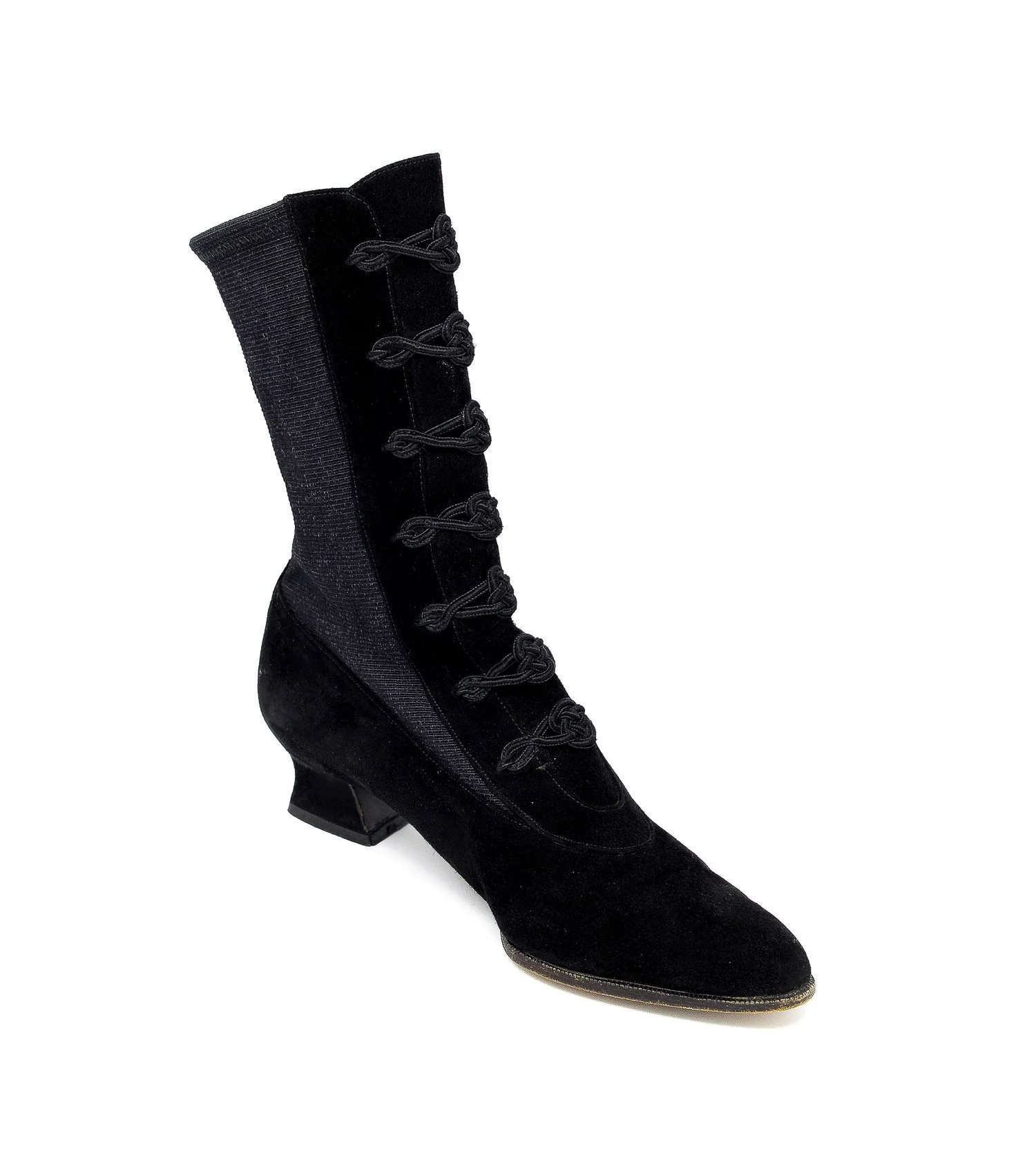 black stuart weitzman suede booties in size 6 showing off the front side, with frog knots, leather suede, elastic back, low heel, round pointed toe