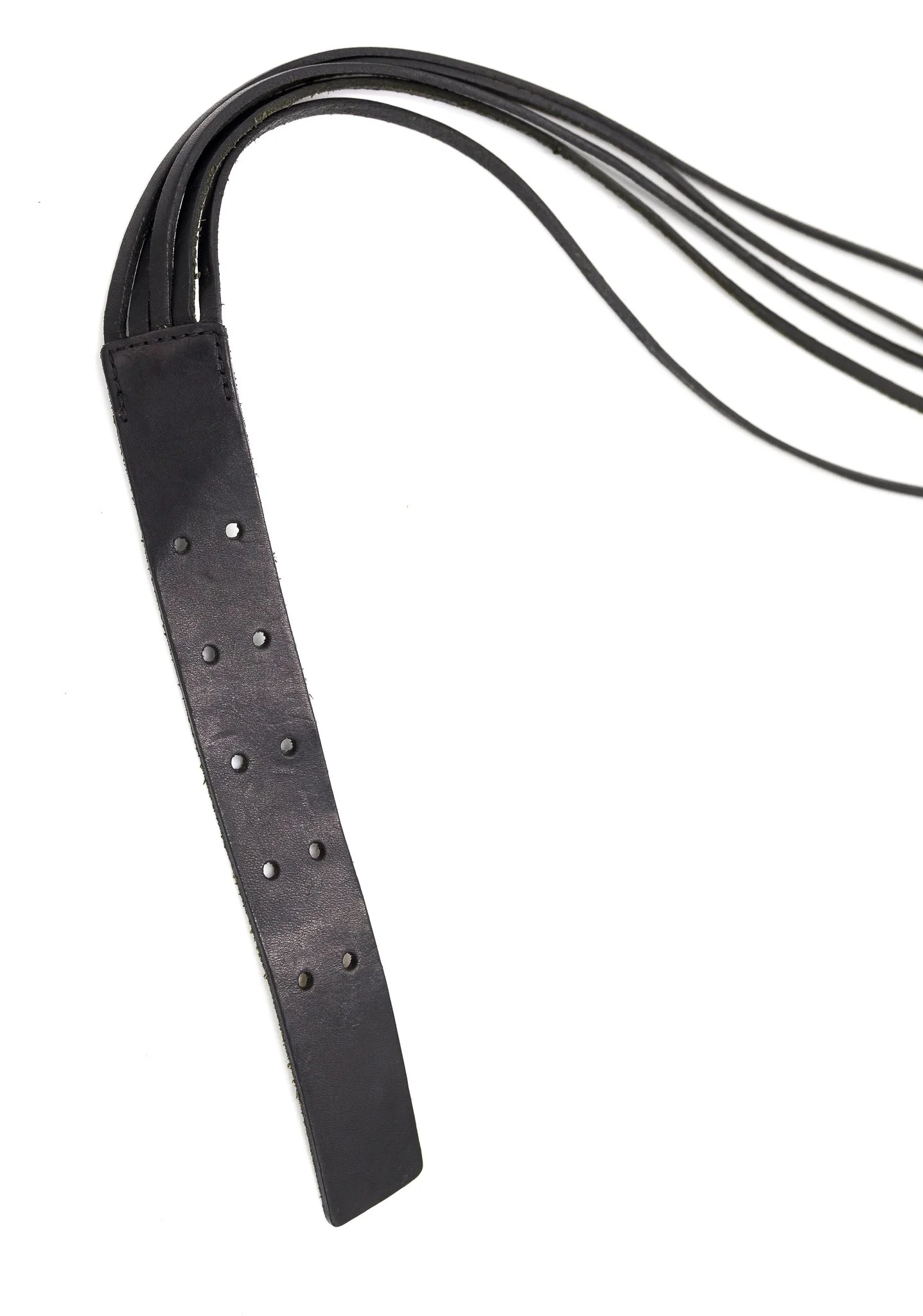 collector of vision vintage store black leather high waisted belt with leather layered strips, silver metal hardware buckle, adjustable length, showing the adjustable notched holes