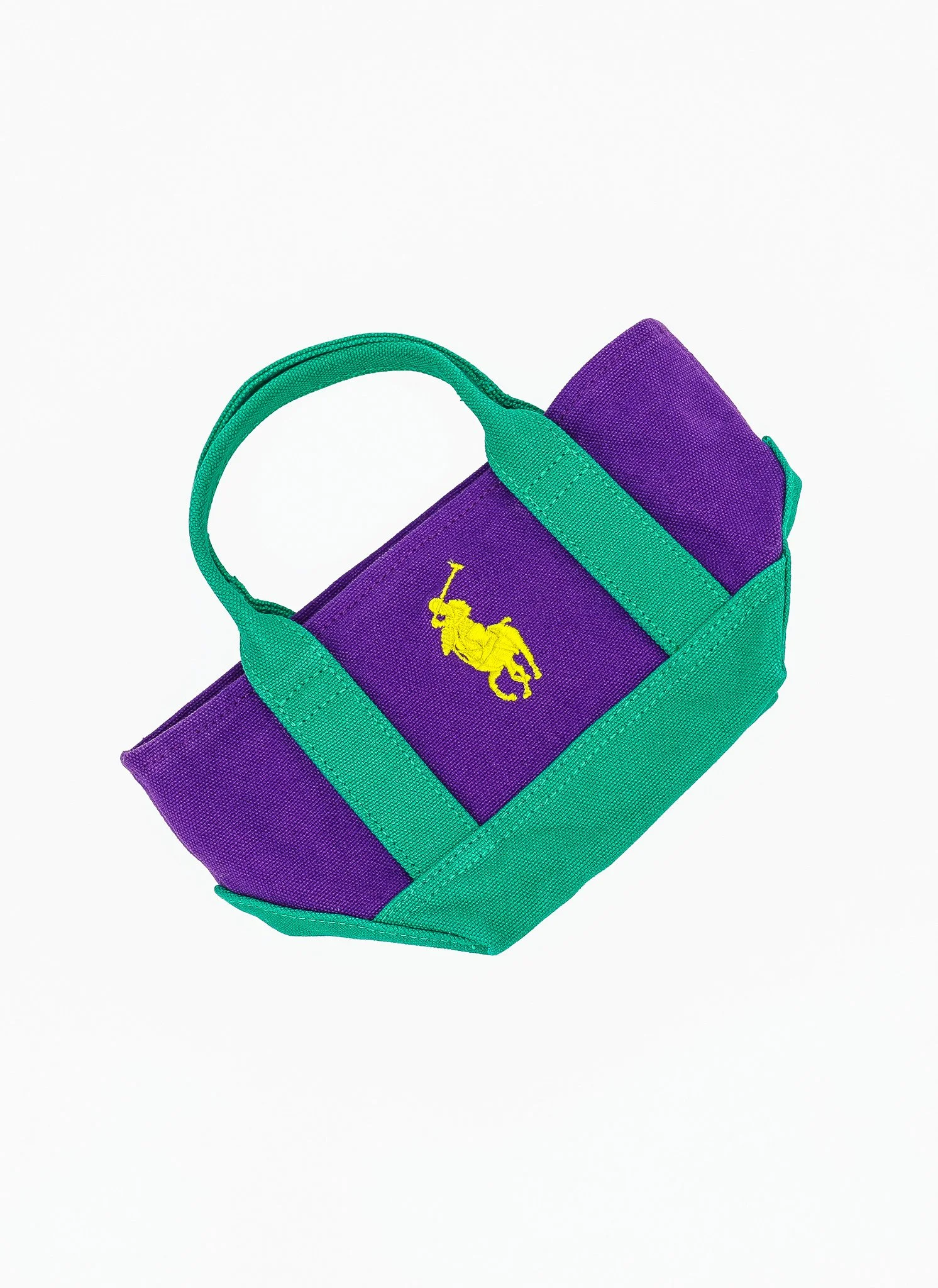 collector of vision ralph lauren mini green and purple handbag with a yellow polo logo showing the bag laying flat