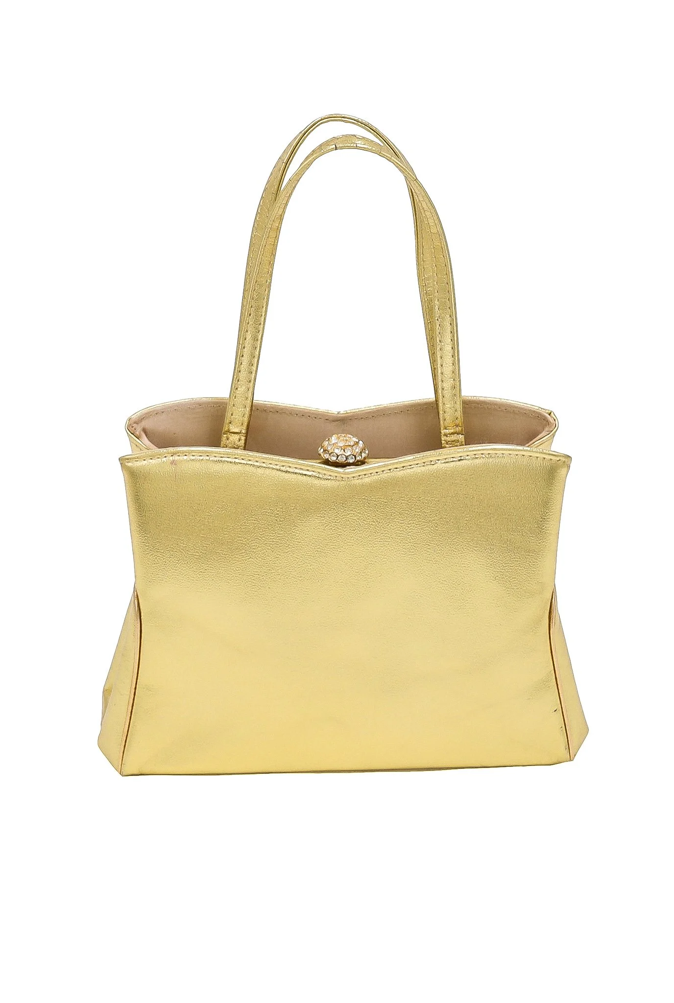 collector of vision 50s gold mid century top handle bag with a kiss lock opening showing the front