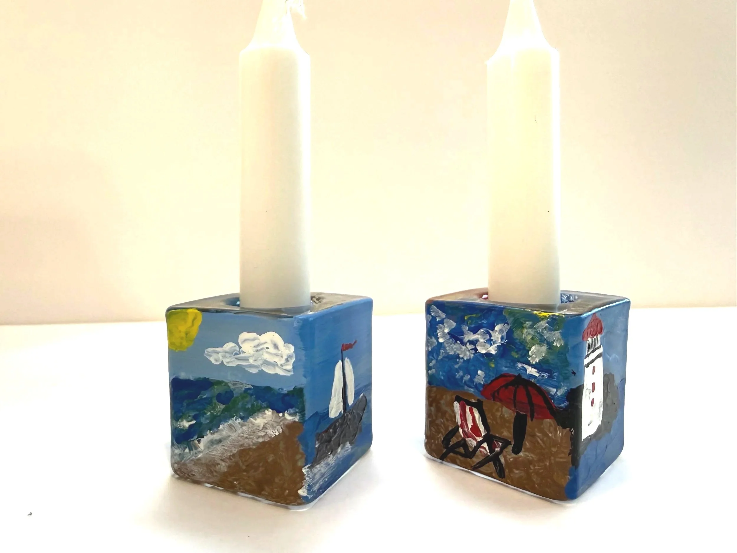 Beach Scene Handpainted Glass Shabbat Candlesticks