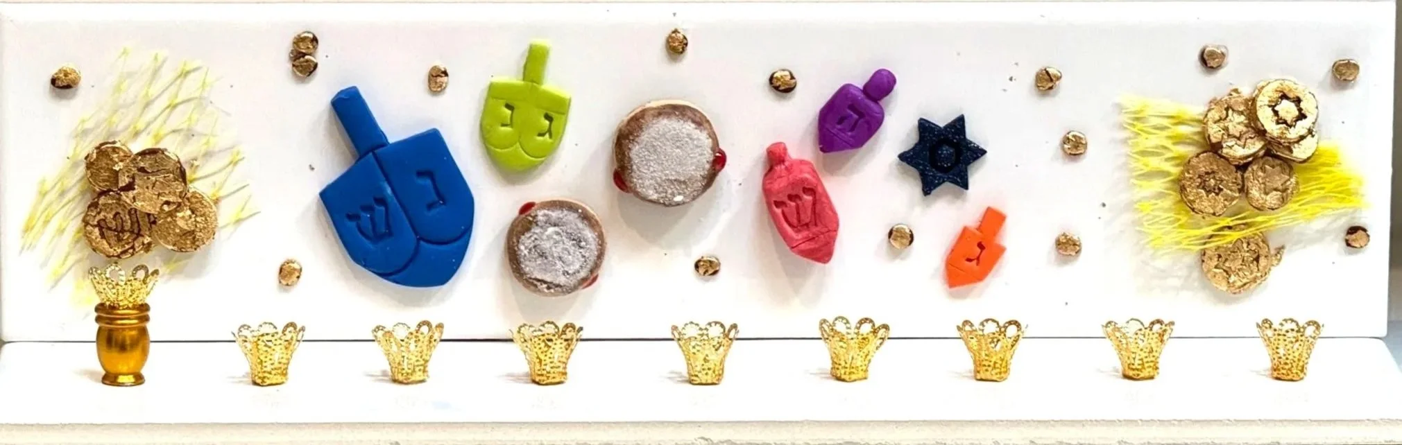 "I made It Out of Clay: Dreidels, Gelt, and Sufganiyot" Menorah