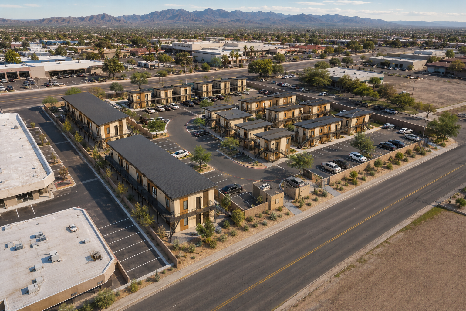Daytime aerial conceptual rendering of Freedom Pointe in Mesa, Arizona