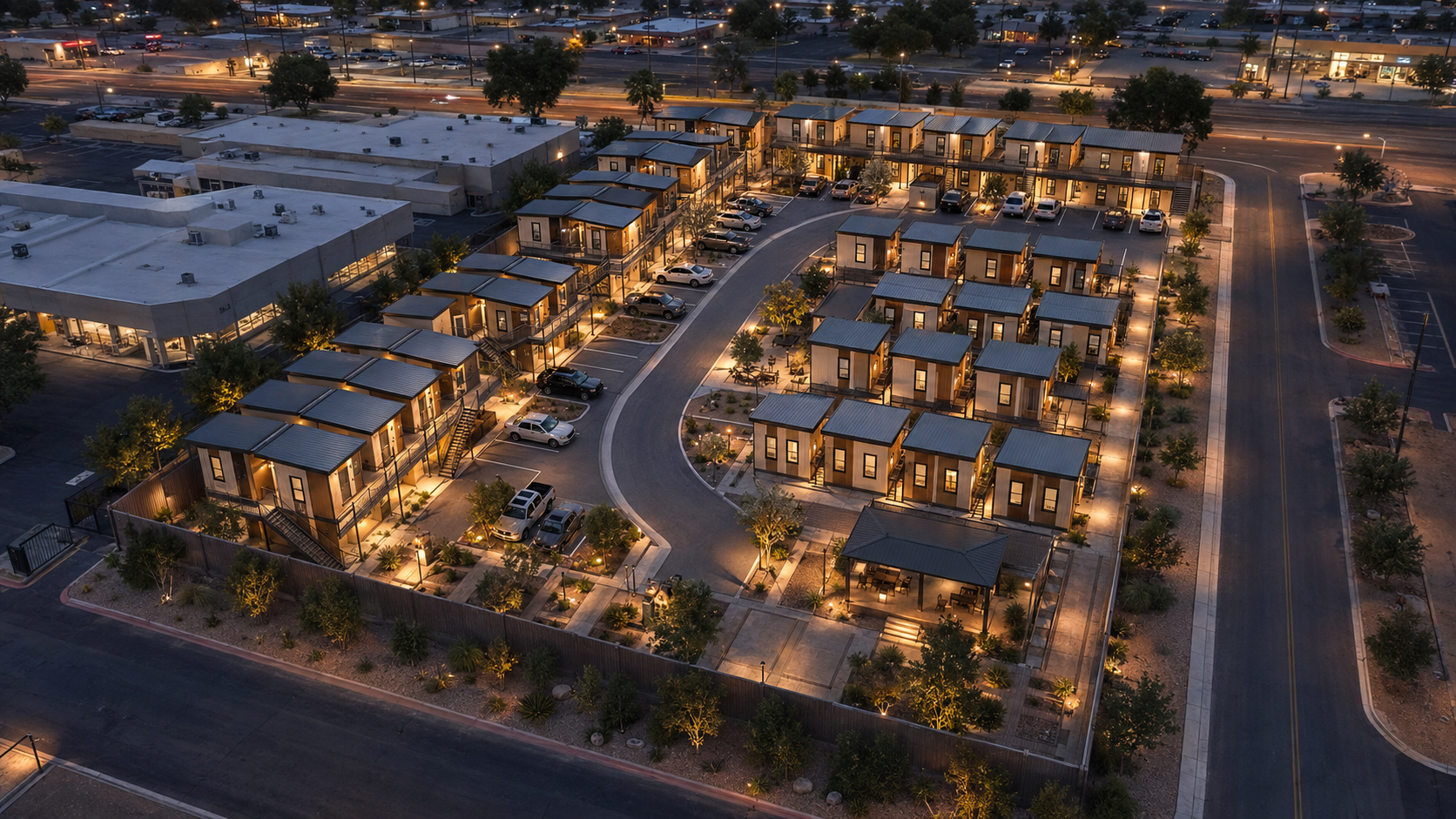 Dusk aerial conceptual rendering of the proposed Freedom Pointe veteran community