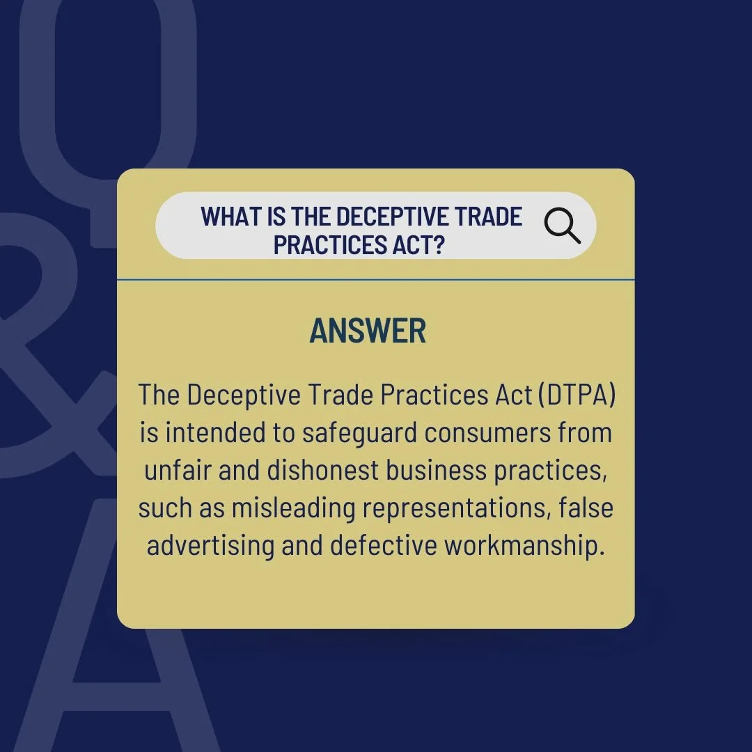 Construction problems don&rsquo;t always start on the job site. 🏠⚠️ 
The Texas Deceptive Trade Practices Act helps protect homeowners from deceptive contractors and unfair construction practices. ️ 
Swipe through to learn how the DTPA works and foll