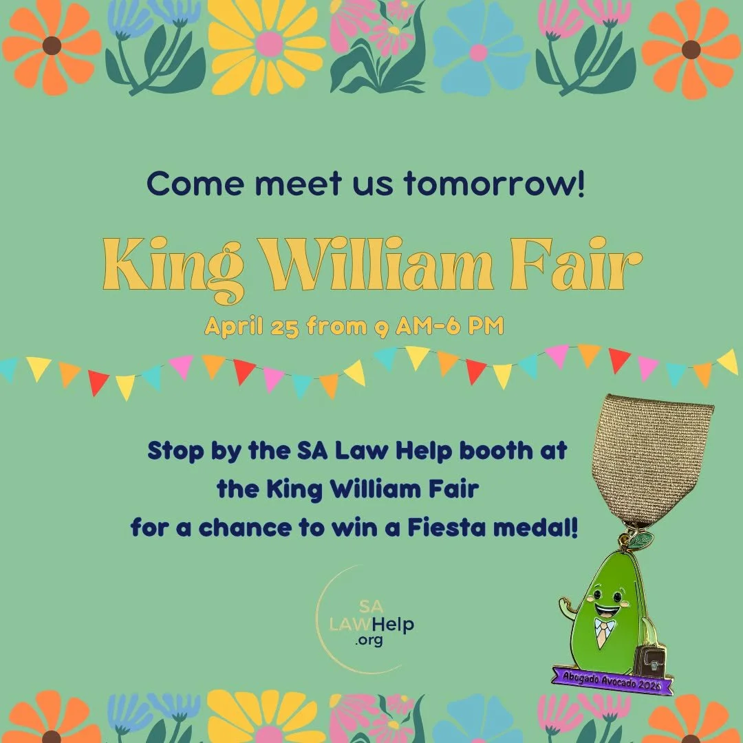 Visit SA Law Help at the King William Fair this weekend! We&rsquo;ve got Fiesta medals, fun giveaways, and helpful info about free legal resources across San Antonio.

Come spin to win our new 2026 Avocado Abogado medal and learn how SA Law Help conn