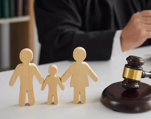 A wooden block family on a desk next to a judge's gavel, someone in a suit is blurred in the background