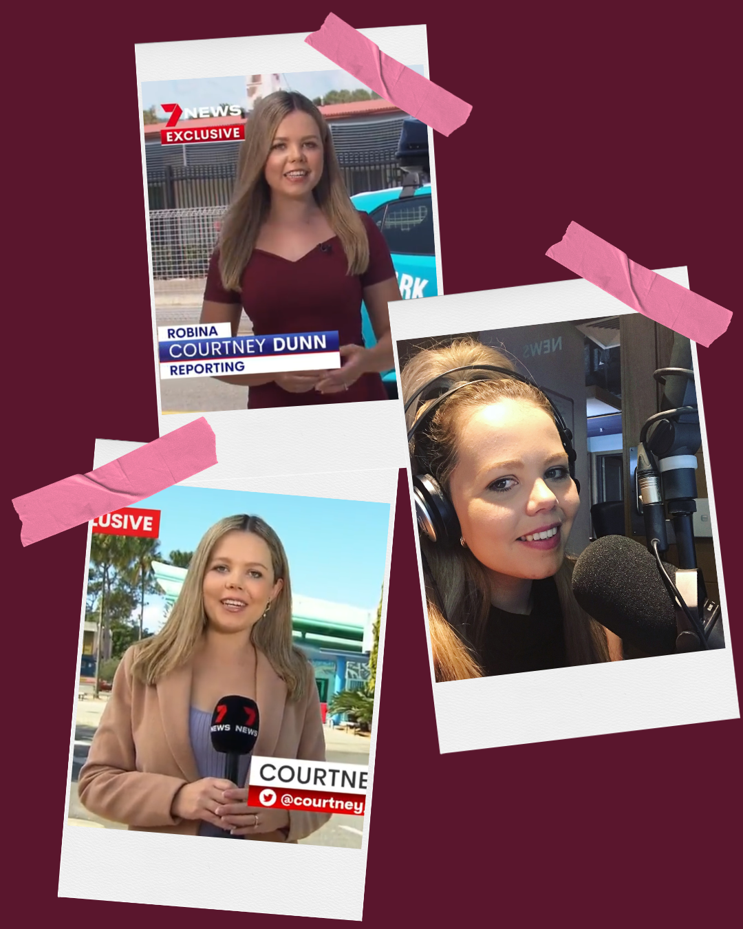 Collage of three news reporter images and a woman in a recording studio, with pink tape at the top of each photo, on a maroon background.