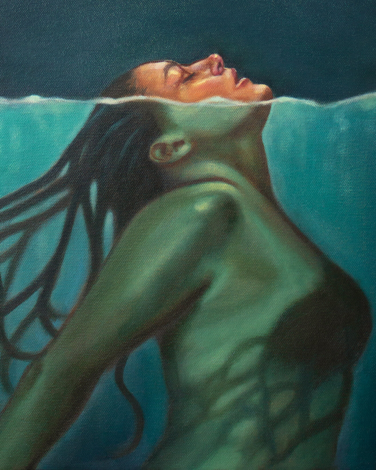 Painting myself as a sea creature is a return to my younger self &ndash; a girl who would channel her inner anguish into darkly-beautiful scenes of strange hybrid-like creatures. This work was created after the most recent of a series of life-changin