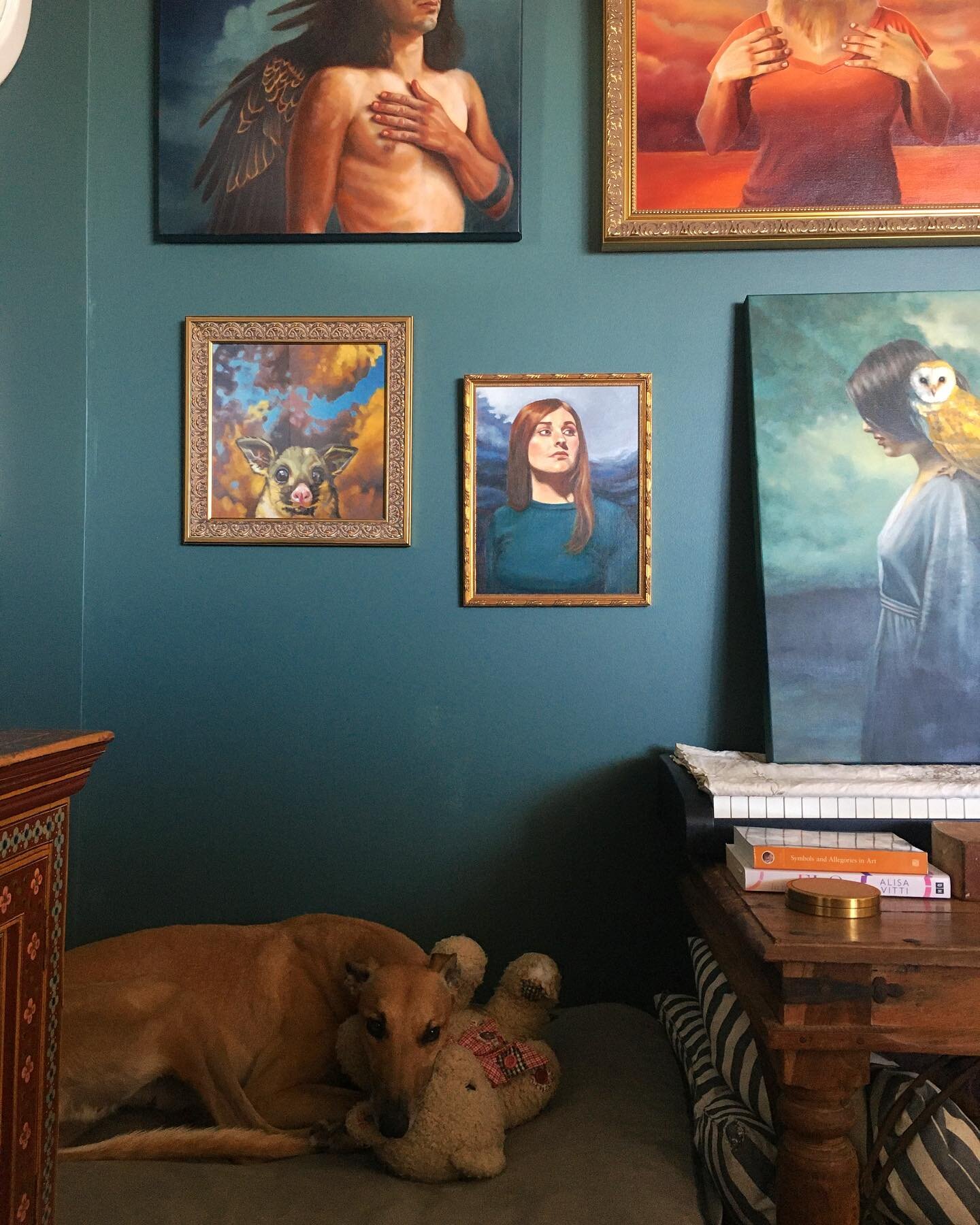 Millie and friend  in her sleepy time nook under the gallery wall. 🤍

#gallerywall #greyhound #artyhomes #wallart #eclecticstyle #furbaby #creativespaces #artisthome #homegallery #maximalistinteriors #maximalism #cozyhome @gumtreegreys