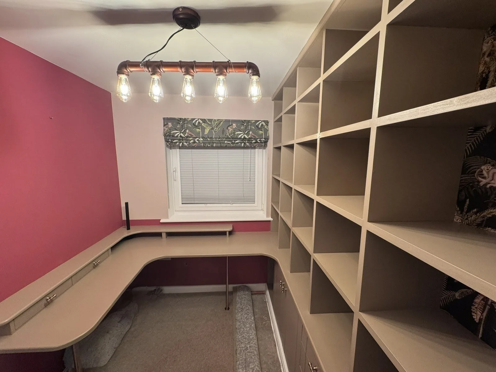 Home office completely bespoke built  to fill the entire room - desk with shelf & drawers,  wall of shelving with cupboards & drawers beneath painted in customers choice of warm taupe/hot mocha  From £4000