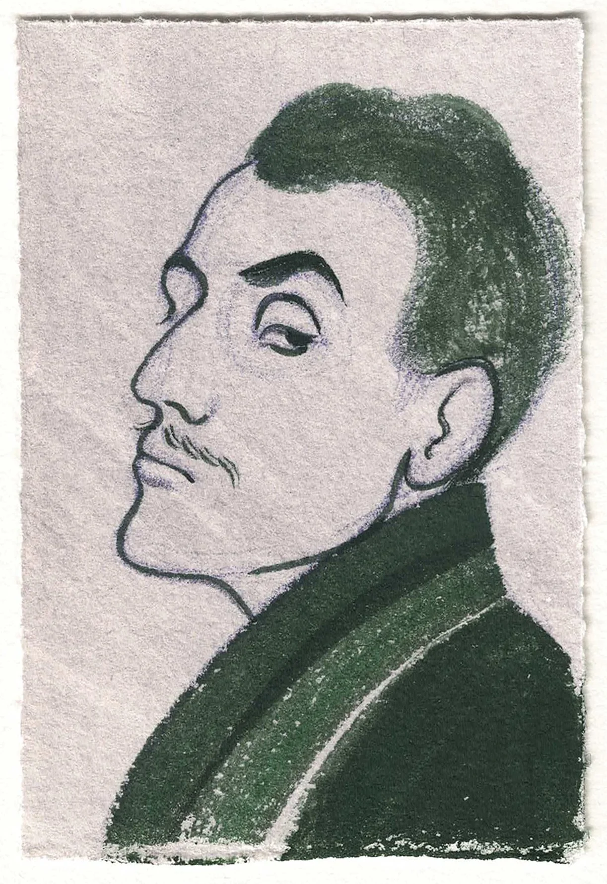 Portrait of an aloof man, painted in dark green gouache.