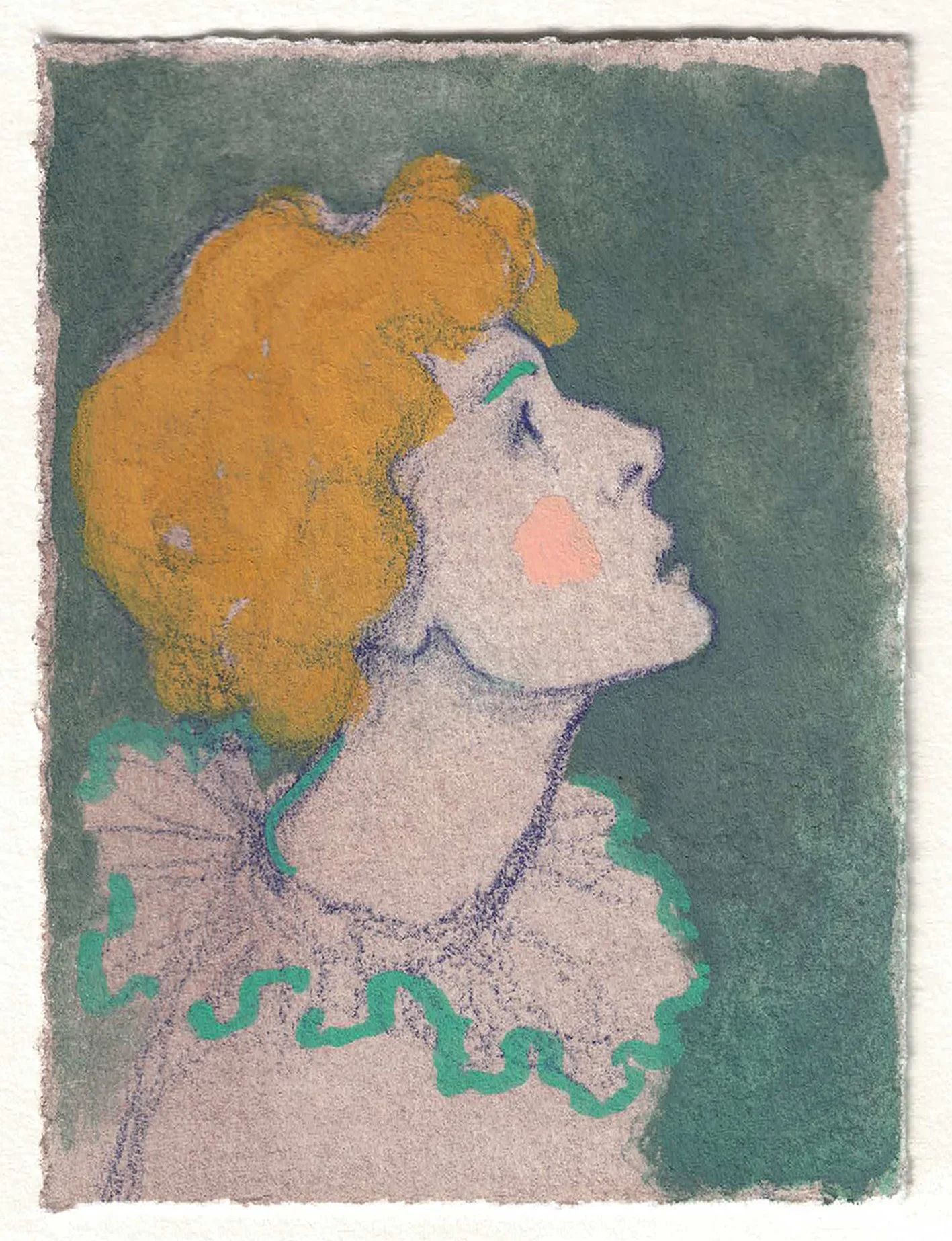 Portrait of a figure in profile, drawn in crayon and gouache.