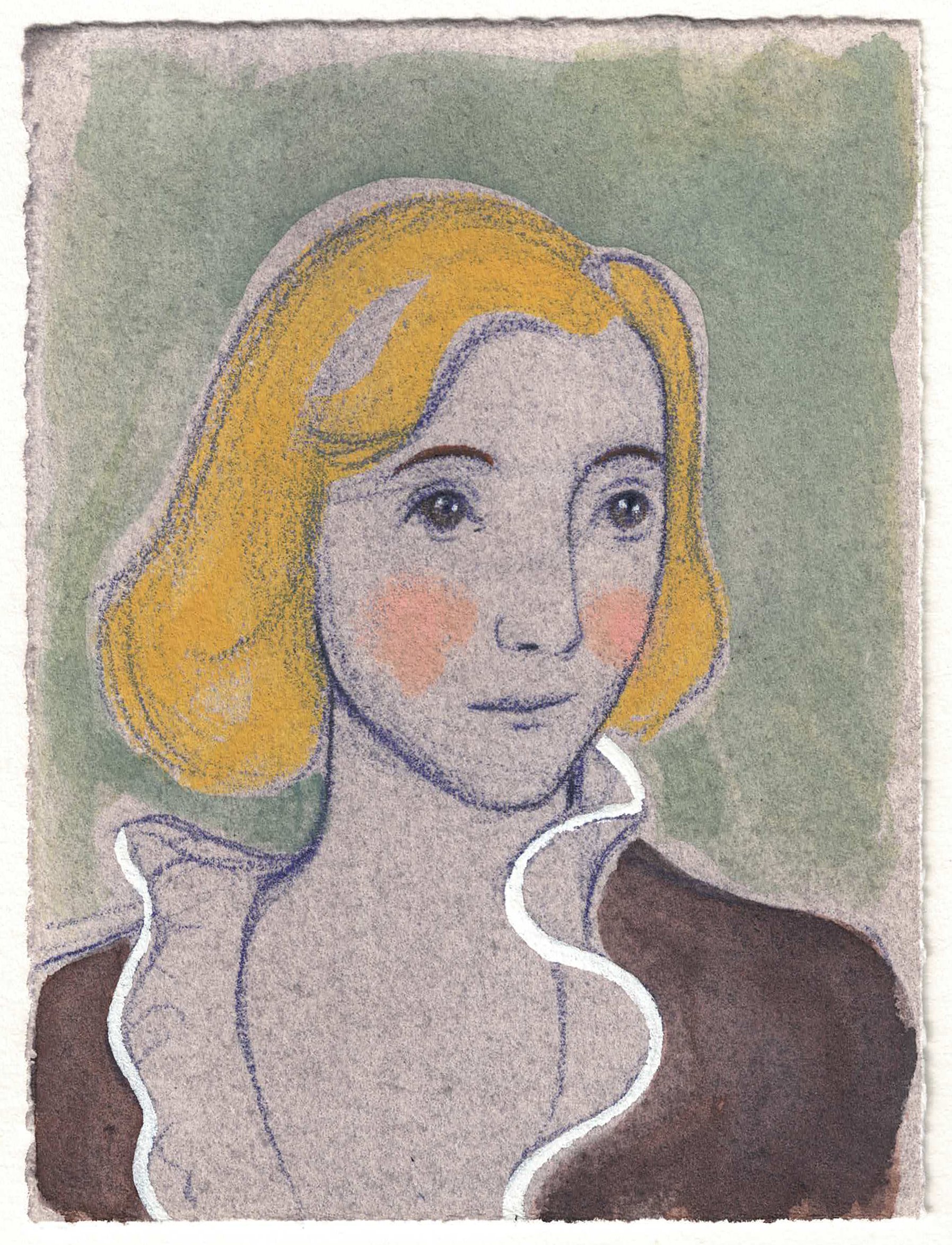 Portrait of a young woman with blond hair, drawn with crayon and gouache.
