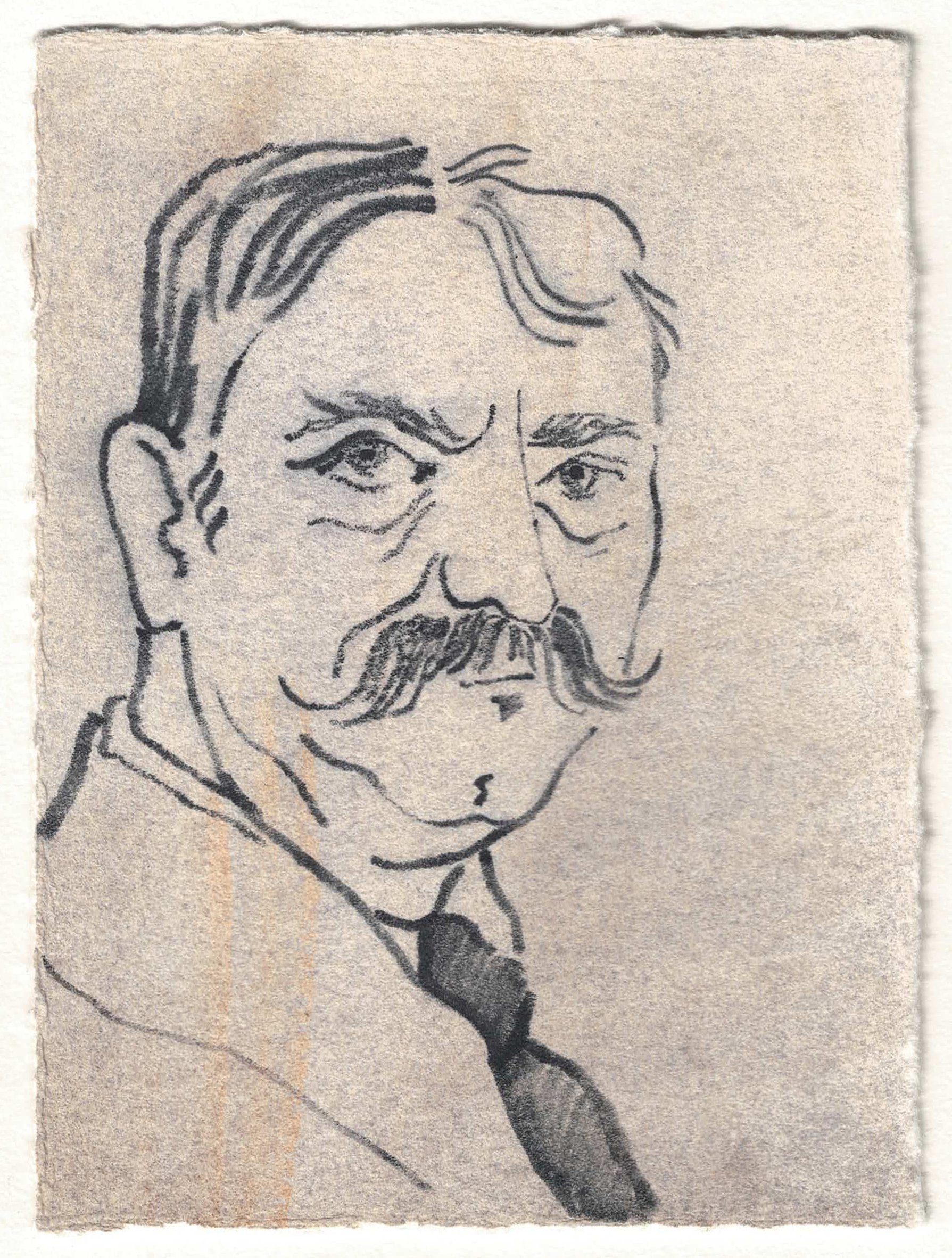 Portrait of a stern man with a moustache, drawn in water-soluble crayon on a gouache background.