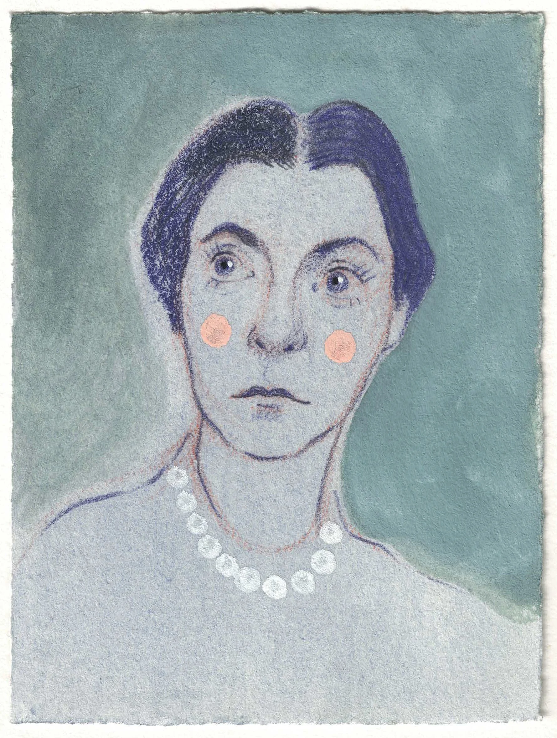 Portrait of a stern woman, drawn in crayon on a gouache background.