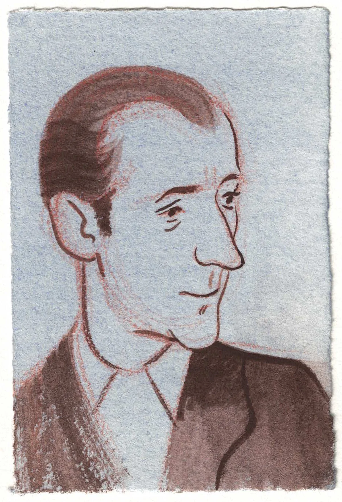 Portrait of a smiling man, drawn in crayon and gouache.