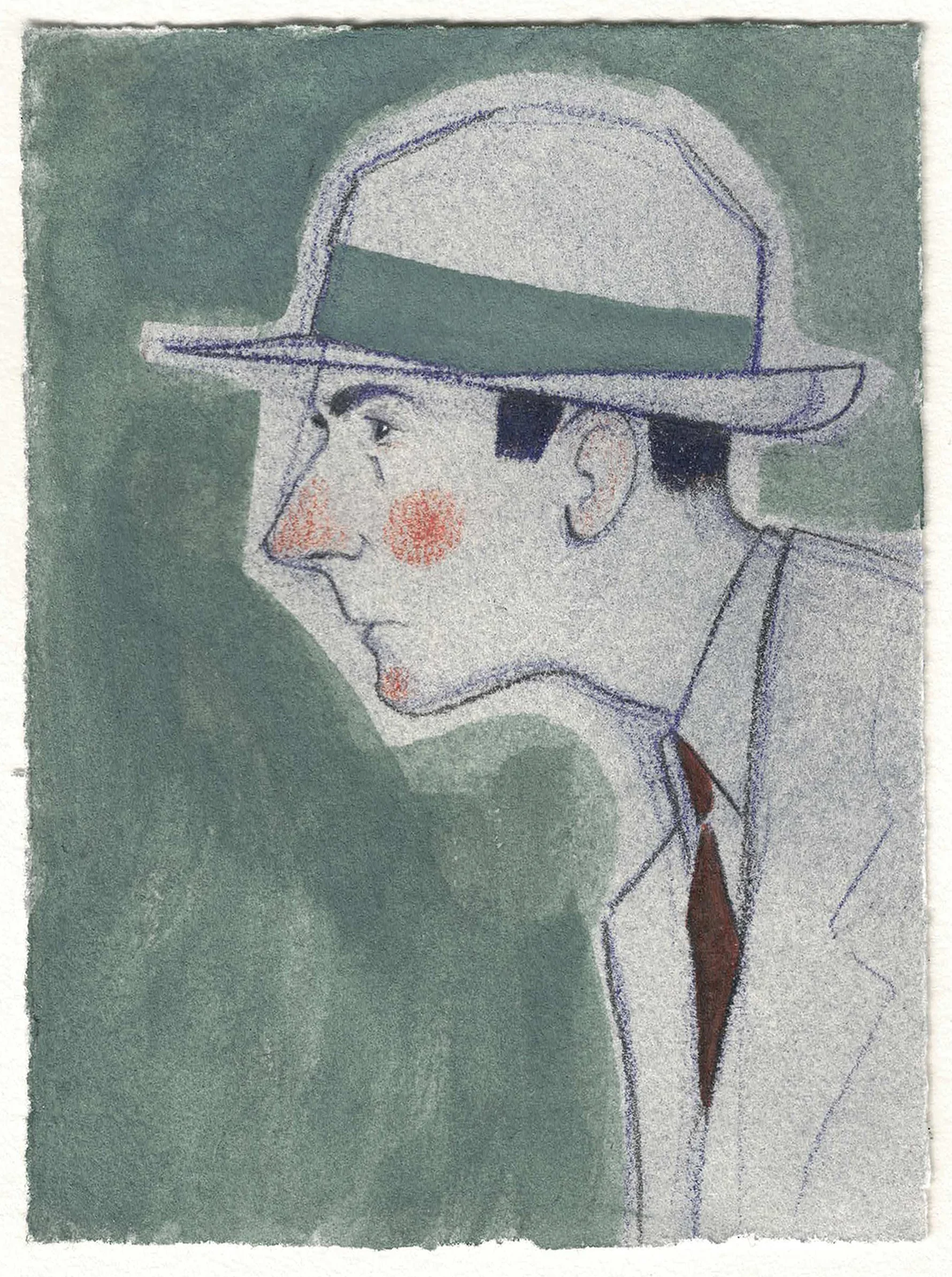 Portrait of a man in profile, drawn in crayon and gouache.