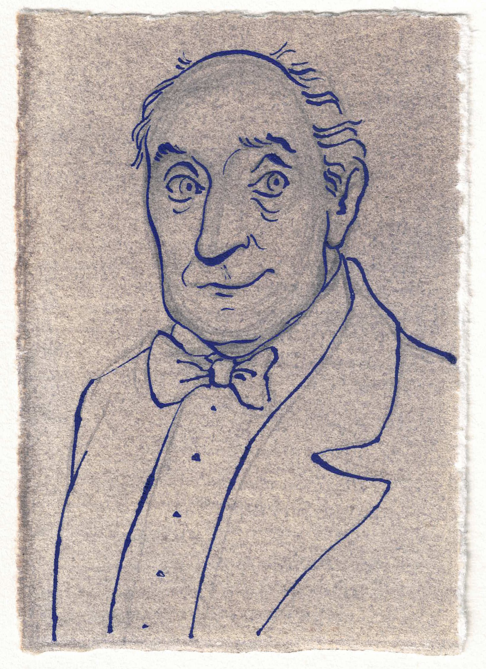 Portrait of a smiling man, drawn in blue ink with a nib pen on a gouache background.