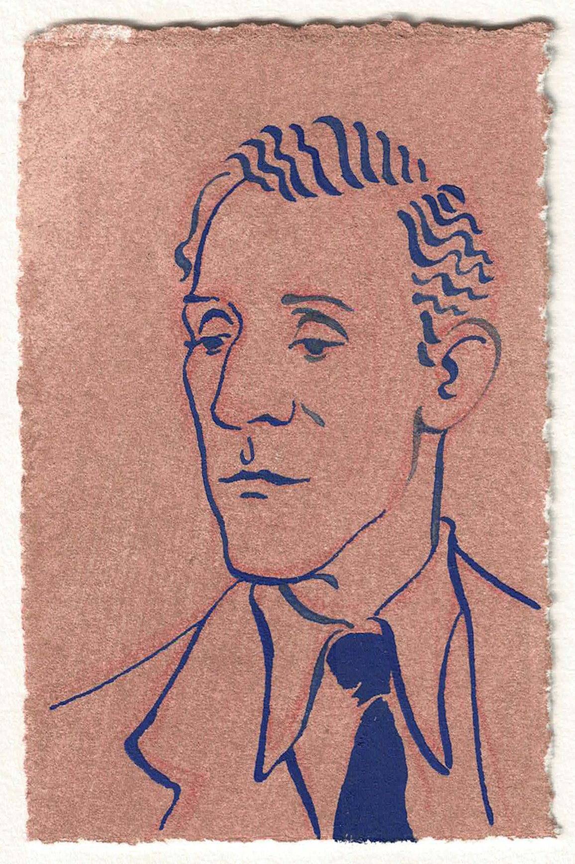 Portrait of a man, drawn in blue ink using a nib pen on a gouache background.