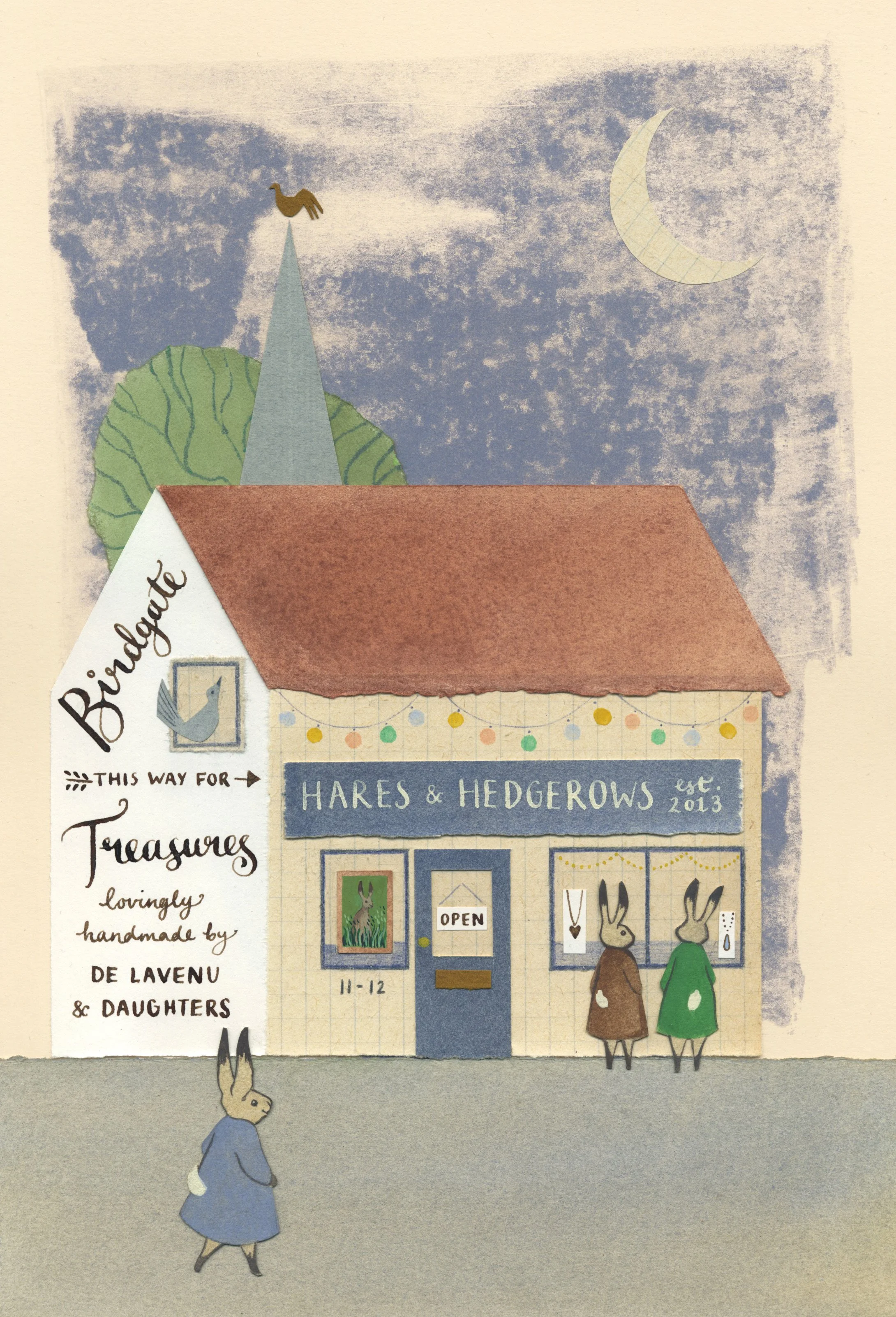 Mixed-media illustration showing a shop called Hares and Hedgerows at night. Collage, with calligraphy, printmaking and painting.