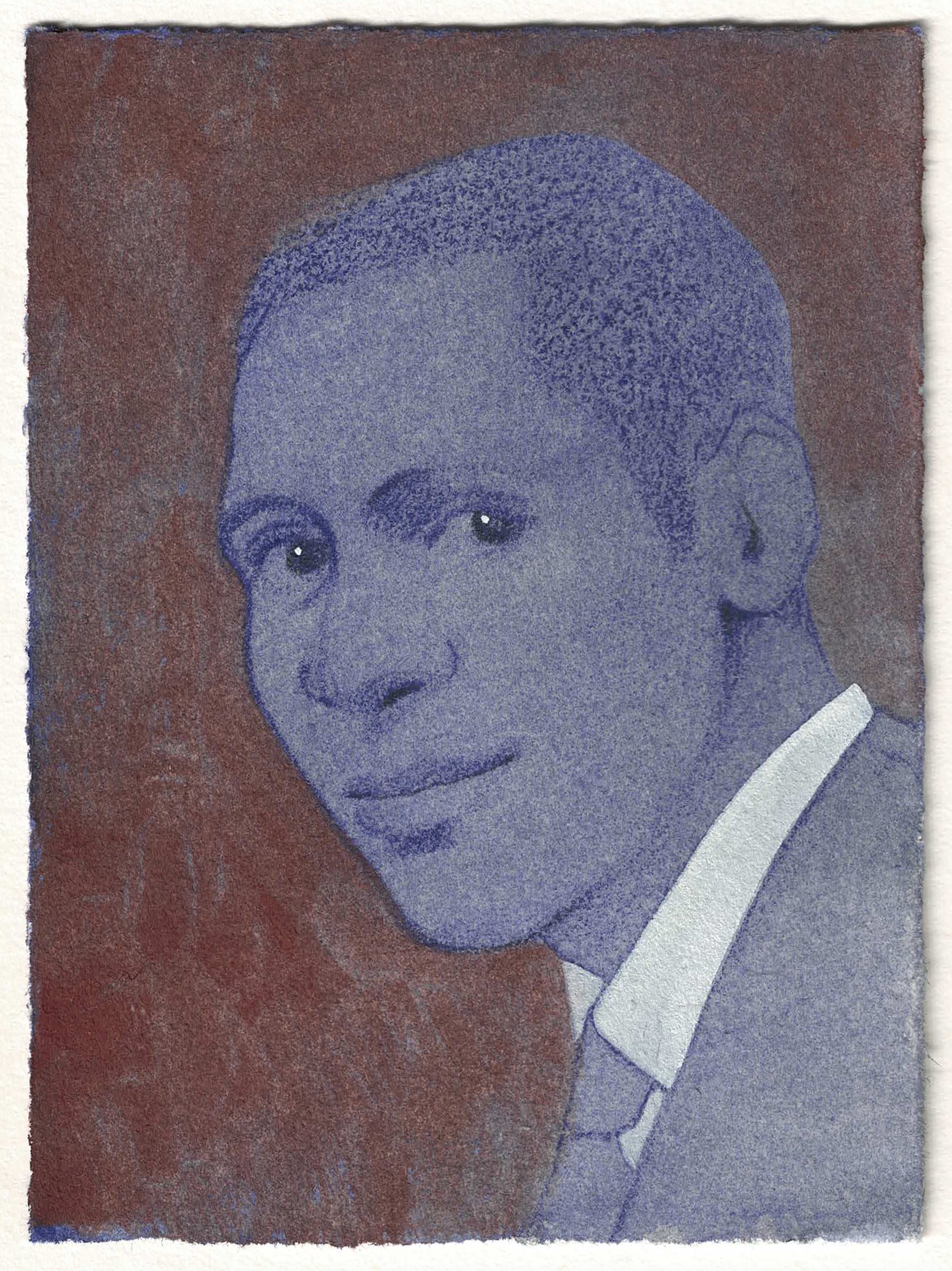 Portrait of a smiling man wearing a suit, drawn in crayon and gouache.
