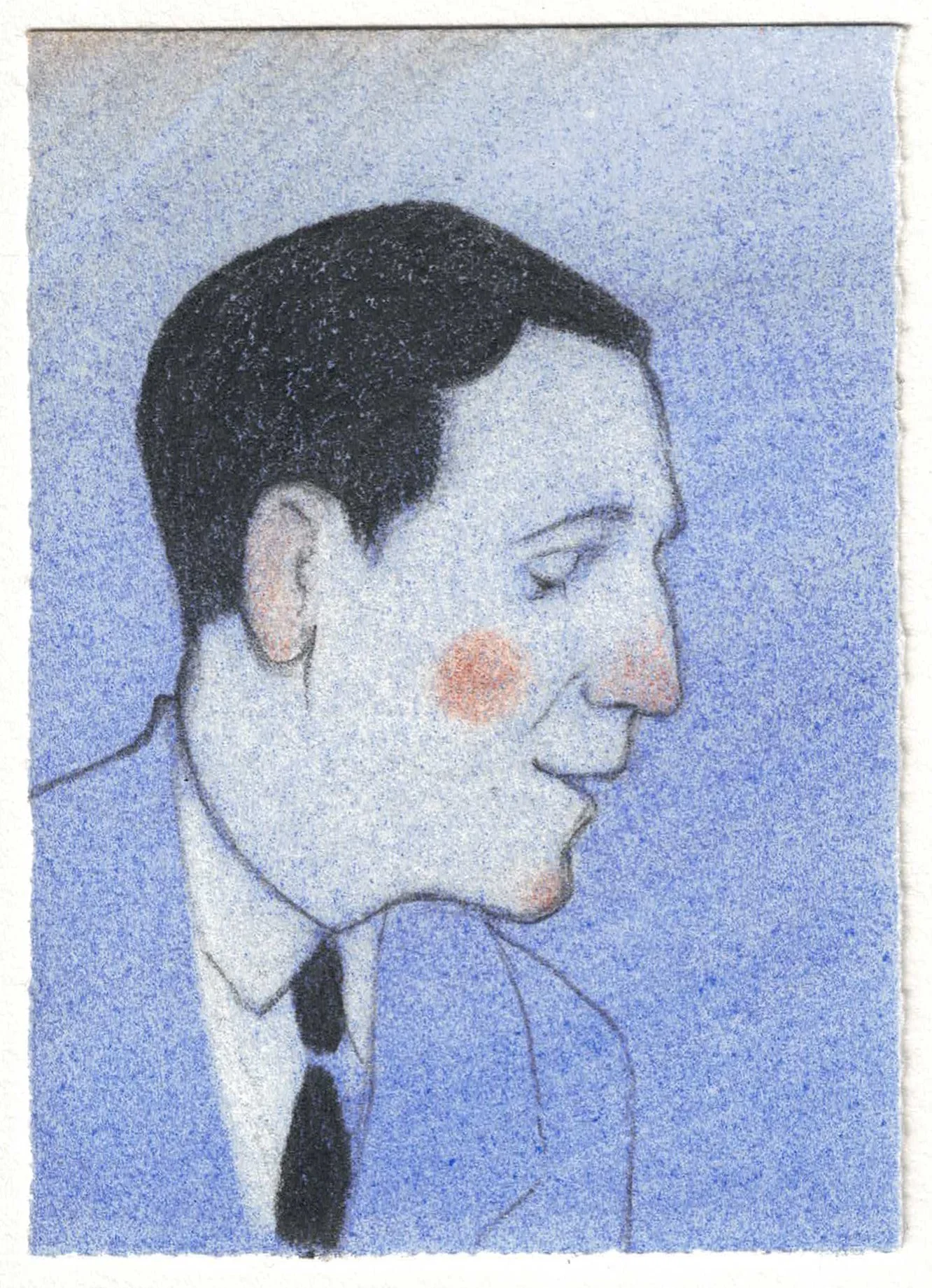 Portrait of a smiling man, drawn in crayon on a gouache background.