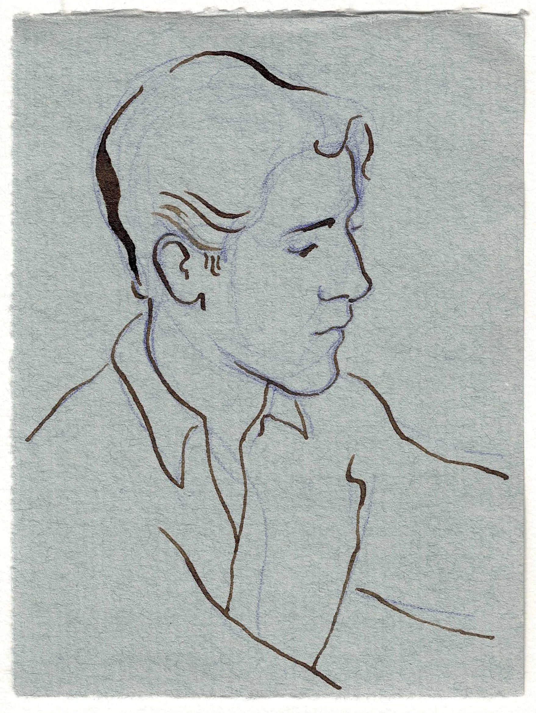 Portrait of a young man, drawn in brown ink using a nib pen on blue paper.