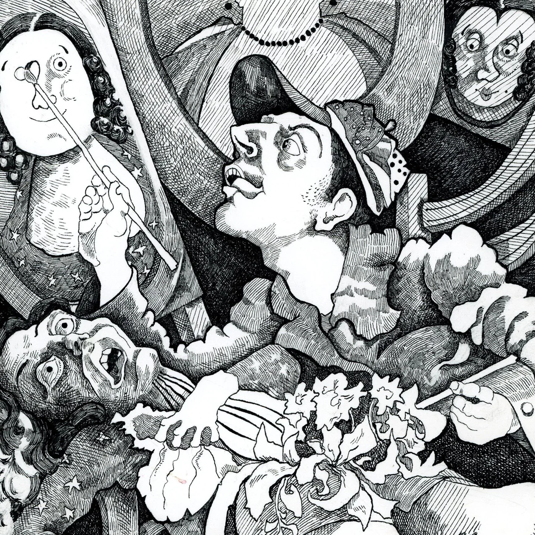 Black and white drawing of a young girl with curly hair underneath a large mushroom cap, surrounded by mushrooms, clouds, and stars.