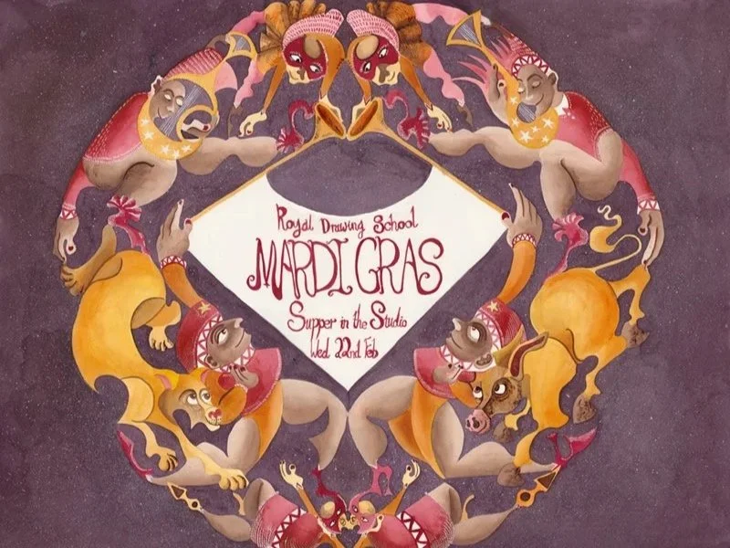 Invitation Design, Mardi Gras for the Royal Drawing School Fundraising Dinner in the Studio
