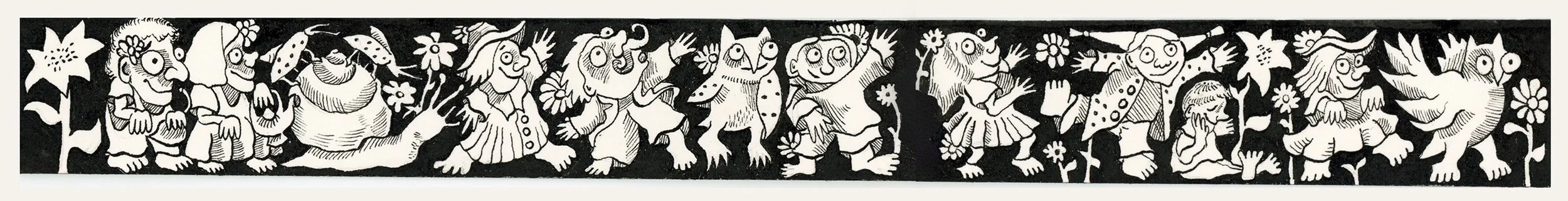 Black and white illustration of a whimsical scene with various happy, cartoonish characters, flowers, and animals, all smiling and interacting.