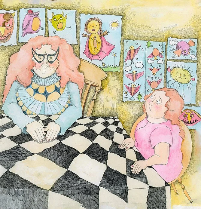 A girl with curly hair, wearing a pink shirt, sits at a black and white checkered table, gesturing with her hand, while a woman with long wavy pink hair, glasses, and a colorful patterned dress, sits across from her. The wall behind them is decorated with colorful children's drawings of animals, birds, and fantastical creatures.
