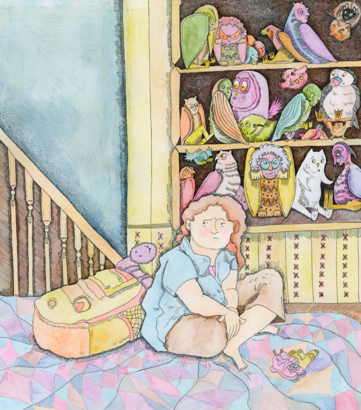 A girl sitting cross-legged on a colorful quilt in a room with a large shelf filled with various whimsical, brightly colored animal and human-like creature figurines. The girl has curly red hair, wears a light blue shirt, and appears to be in thought. There is a backpack on the quilt beside her and some sneakers near her feet.